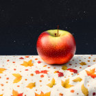 Red Apple on Open Book with Autumn Leaves and Night Sky Background