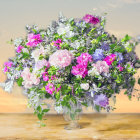 Colorful flowers in glass vases on softly lit background