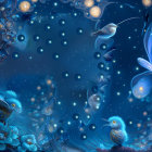 Night scene with glowing blue butterflies, blossoms, serene water, starry sky