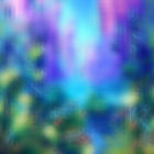 Colorful digital painting: blue-purple flowers, butterflies, foliage on bokeh blue background