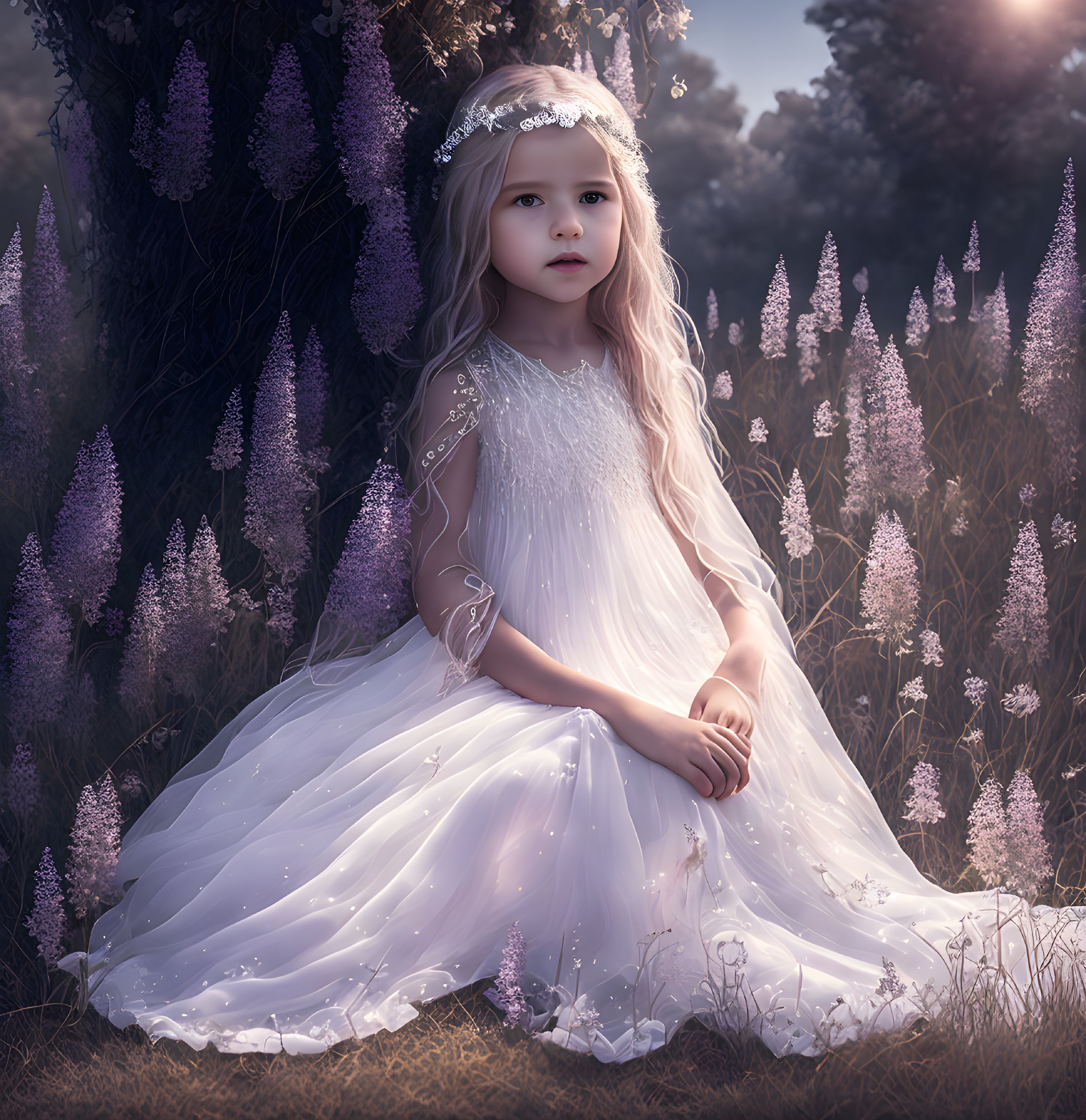 Young girl in white dress with floral headband among purple flowers in mythical twilight.