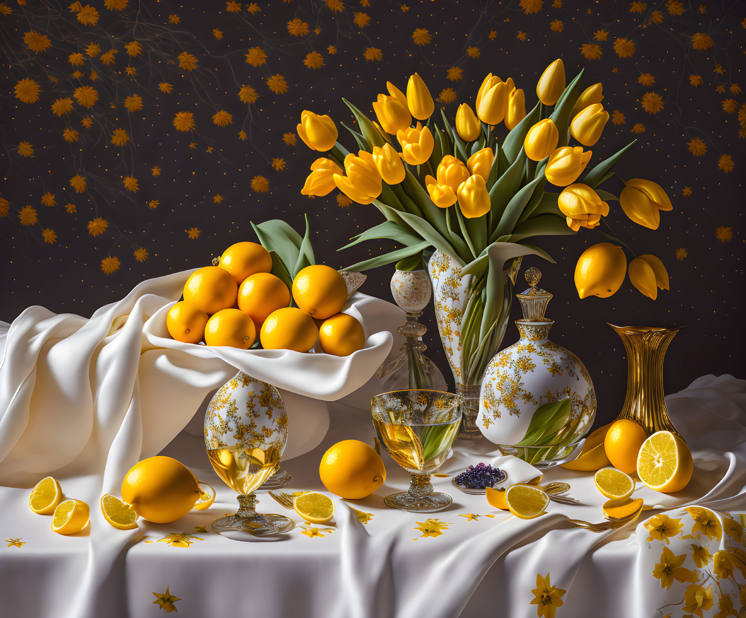 Yellow tulips, lemons, ornate vase, and cloth on dark star-patterned background