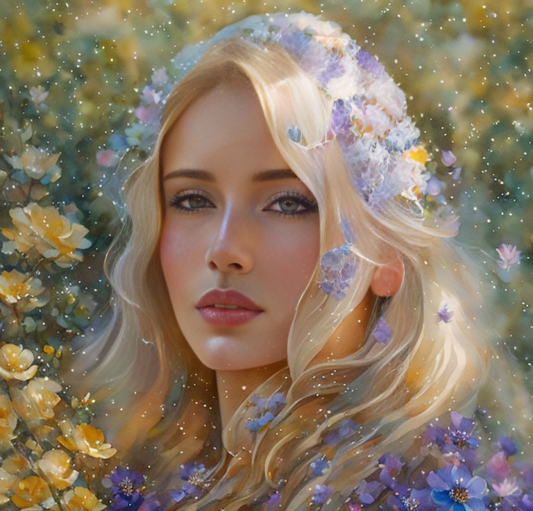 Blonde woman with flowers in hair in soft-focus floral field