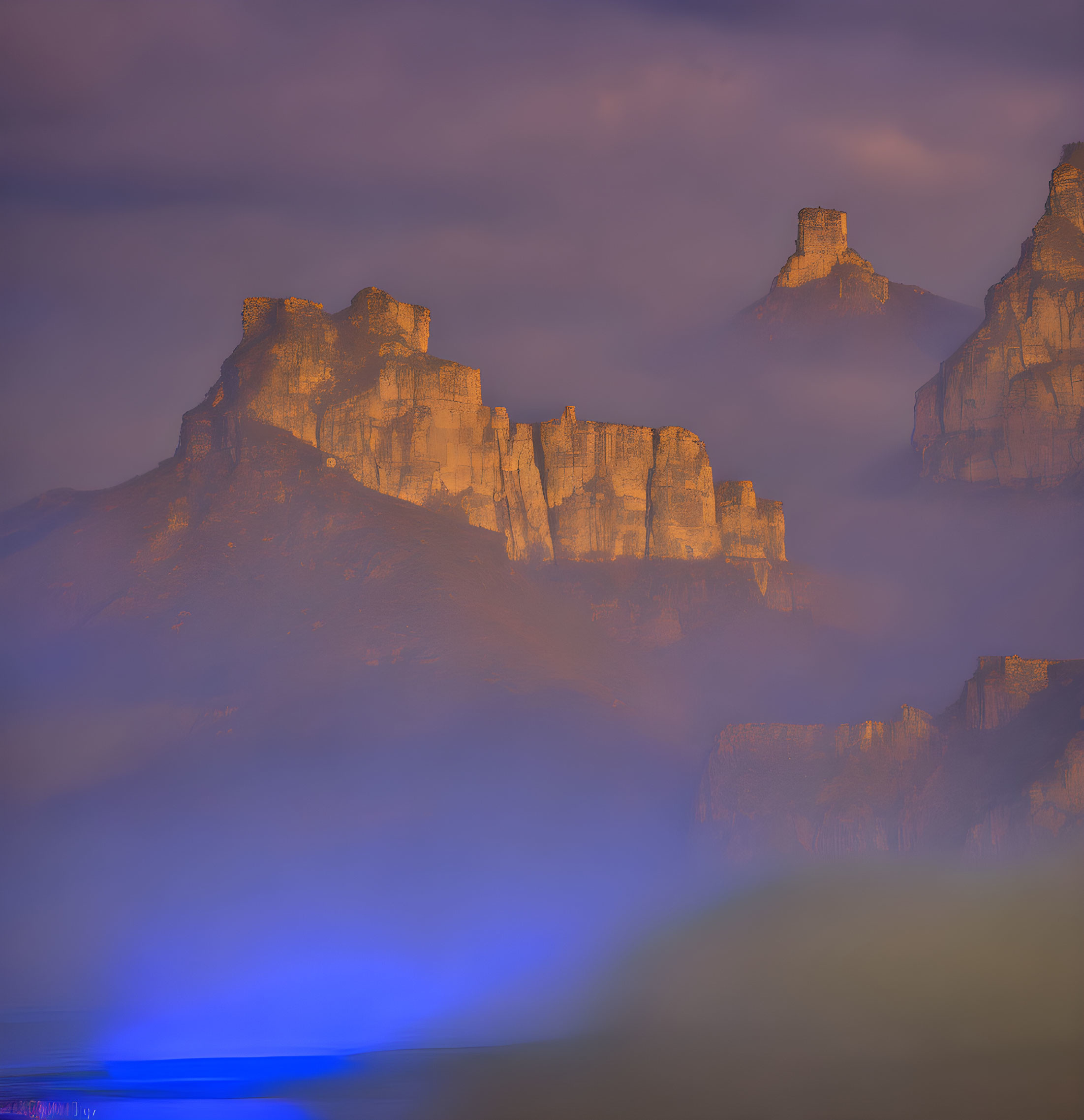 Majestic mountain peaks in warm light amid serene mist.