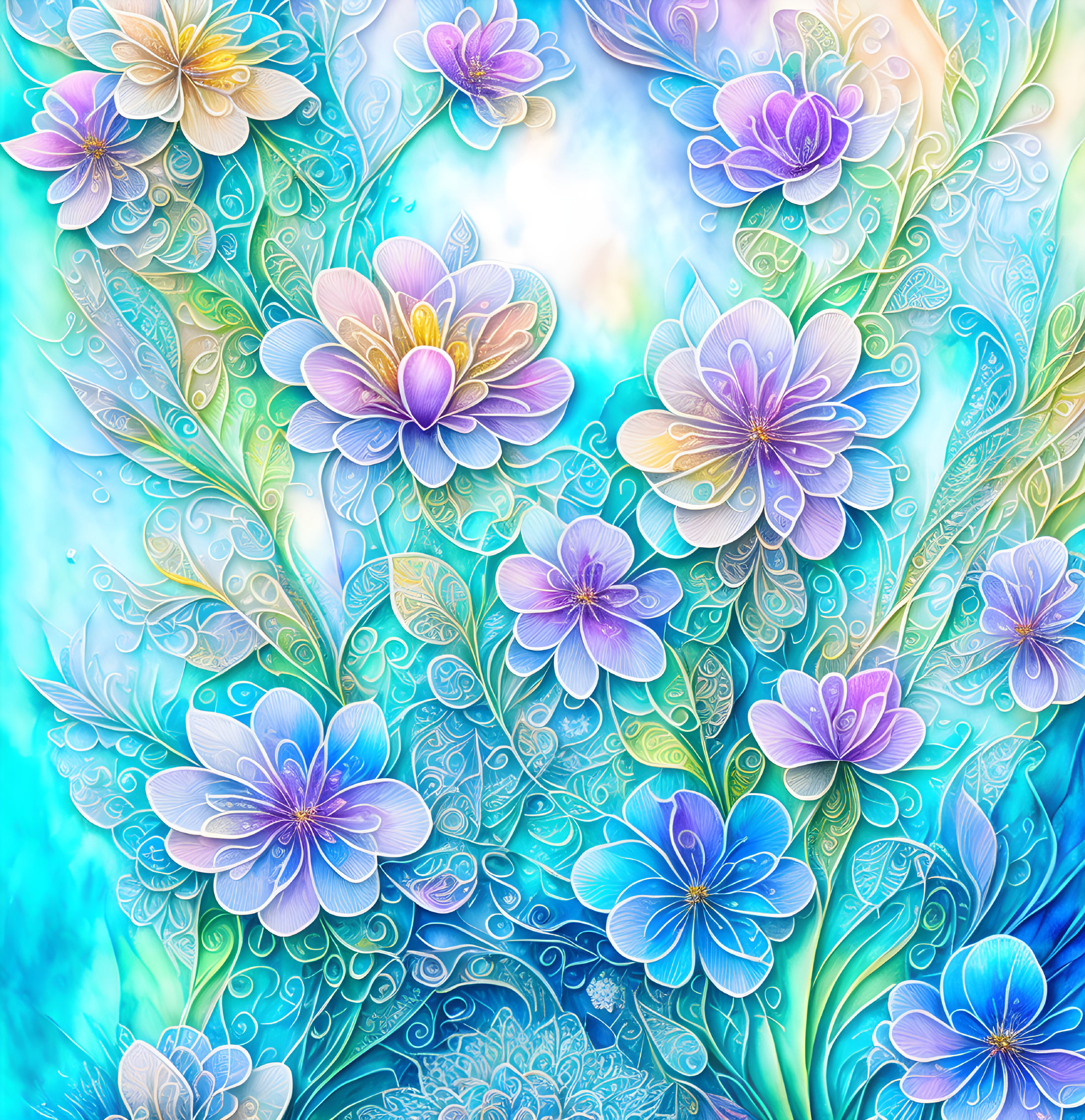 Colorful Stylized Blue and Purple Flower Illustration with Leaf Patterns