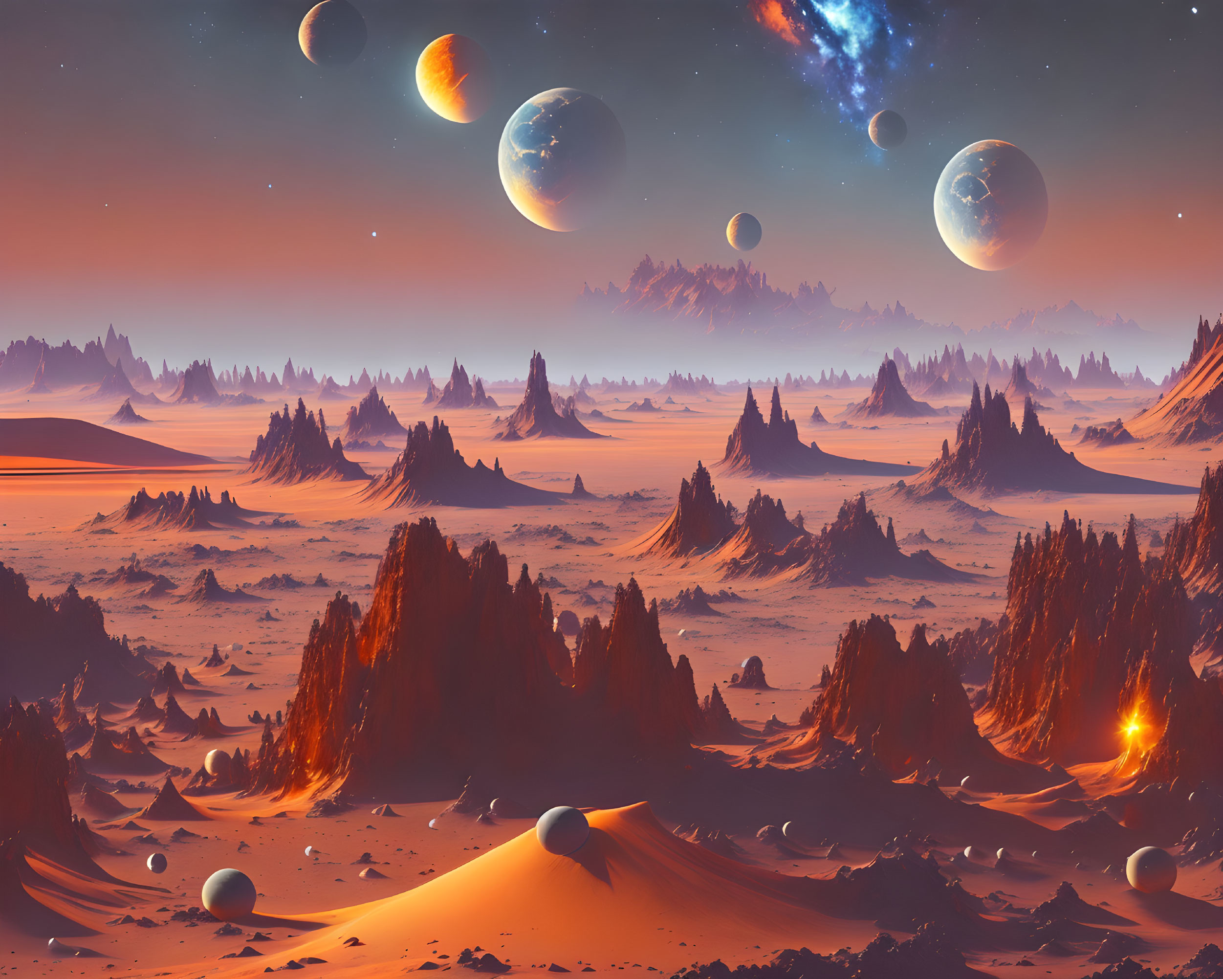 Alien landscape with towering rock formations and multiple moons in red sky