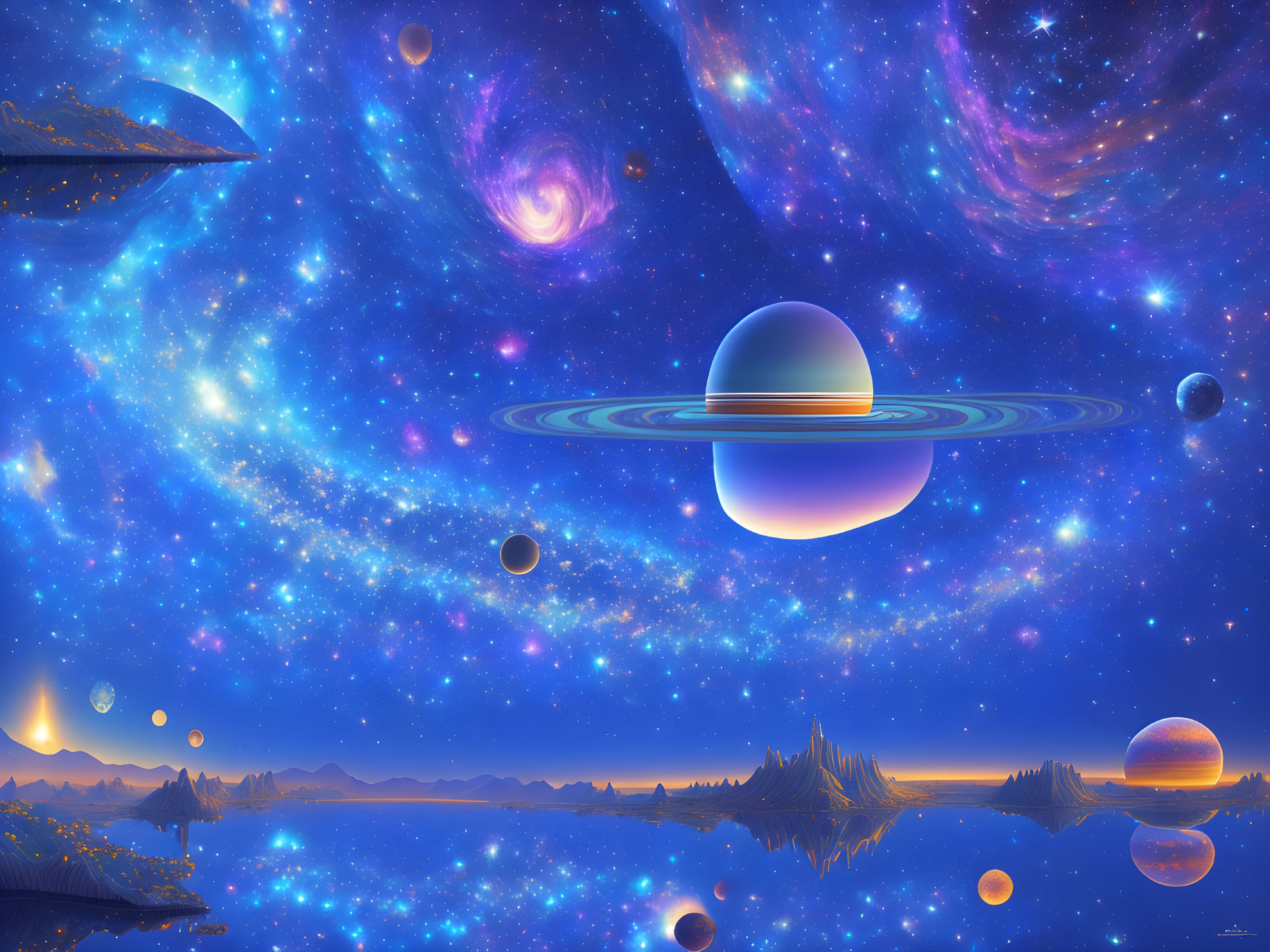 Colorful space-themed digital artwork with planets, galaxies, and alien landscapes against a starry cosmos.