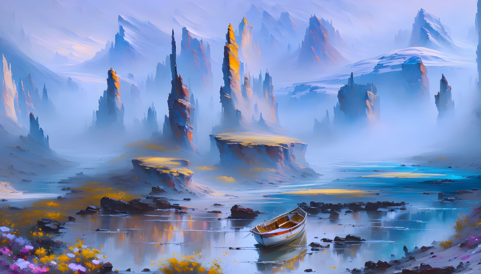 Tranquil landscape with misty mountains, reflective lake, and colorful flora