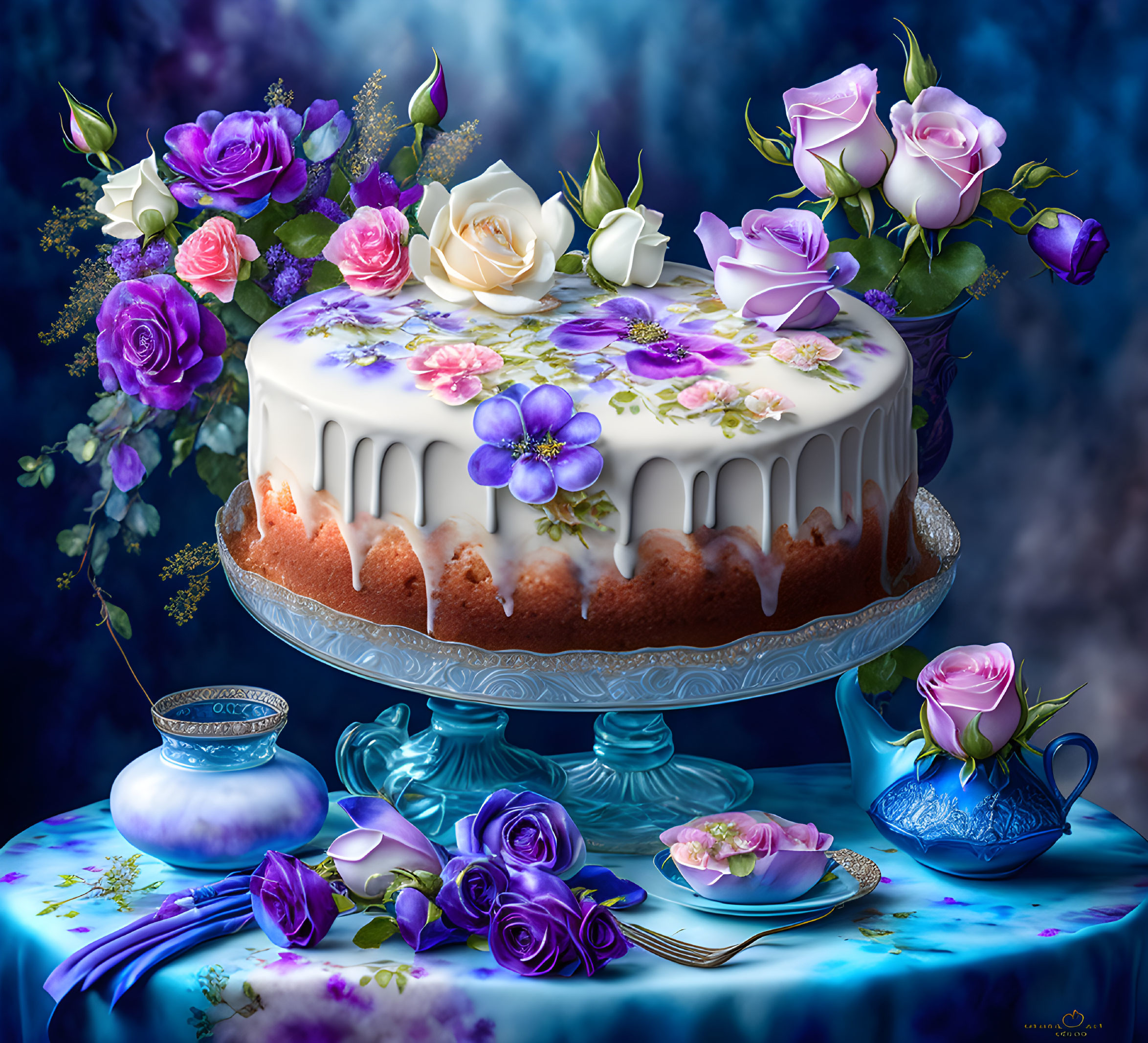 Floral-themed cake on blue tablecloth with roses, teacups, and teapot