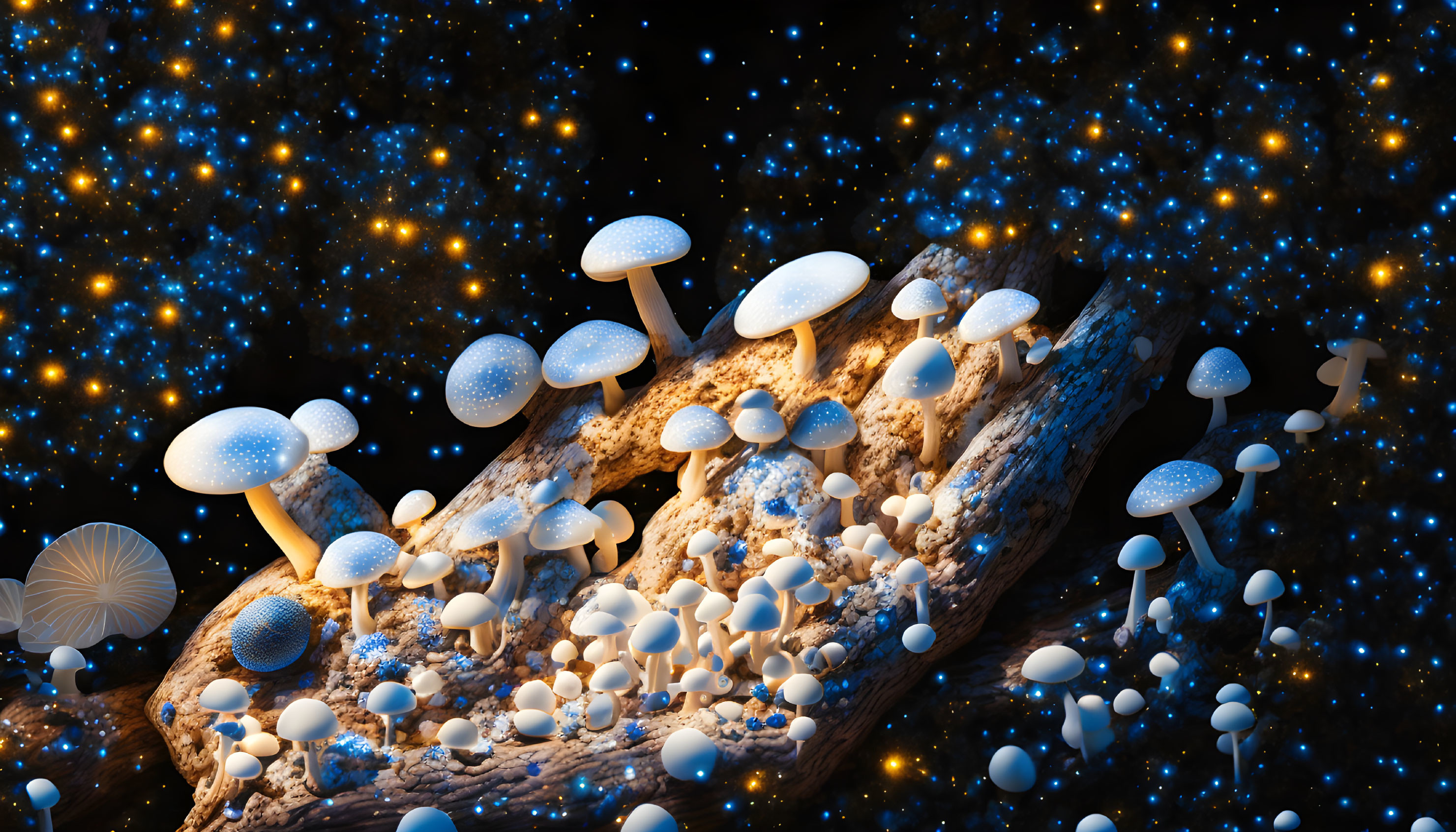 Digital artwork: Glowing mushrooms on log with cosmic background