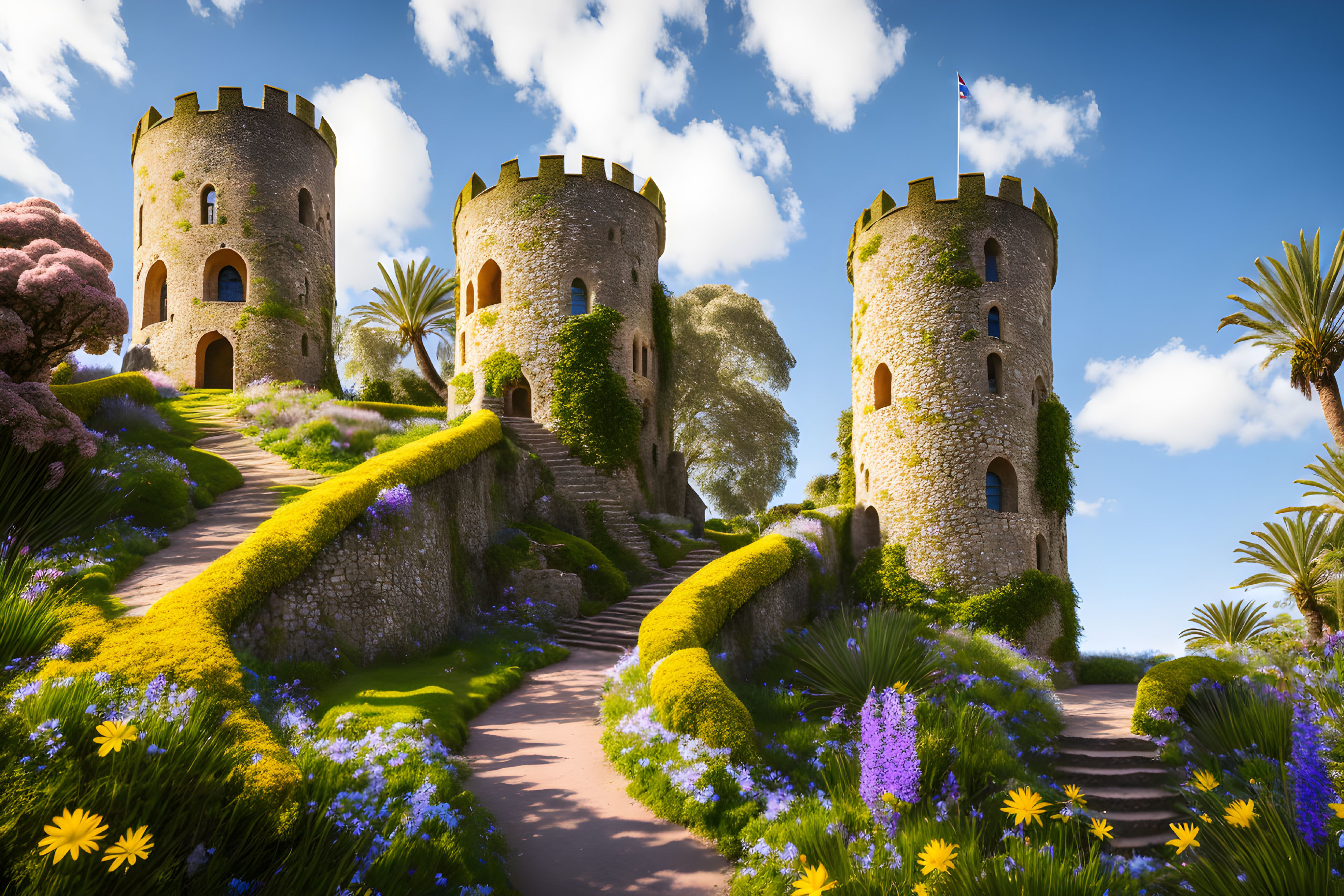 Medieval-style towers in lush garden with vibrant flowers