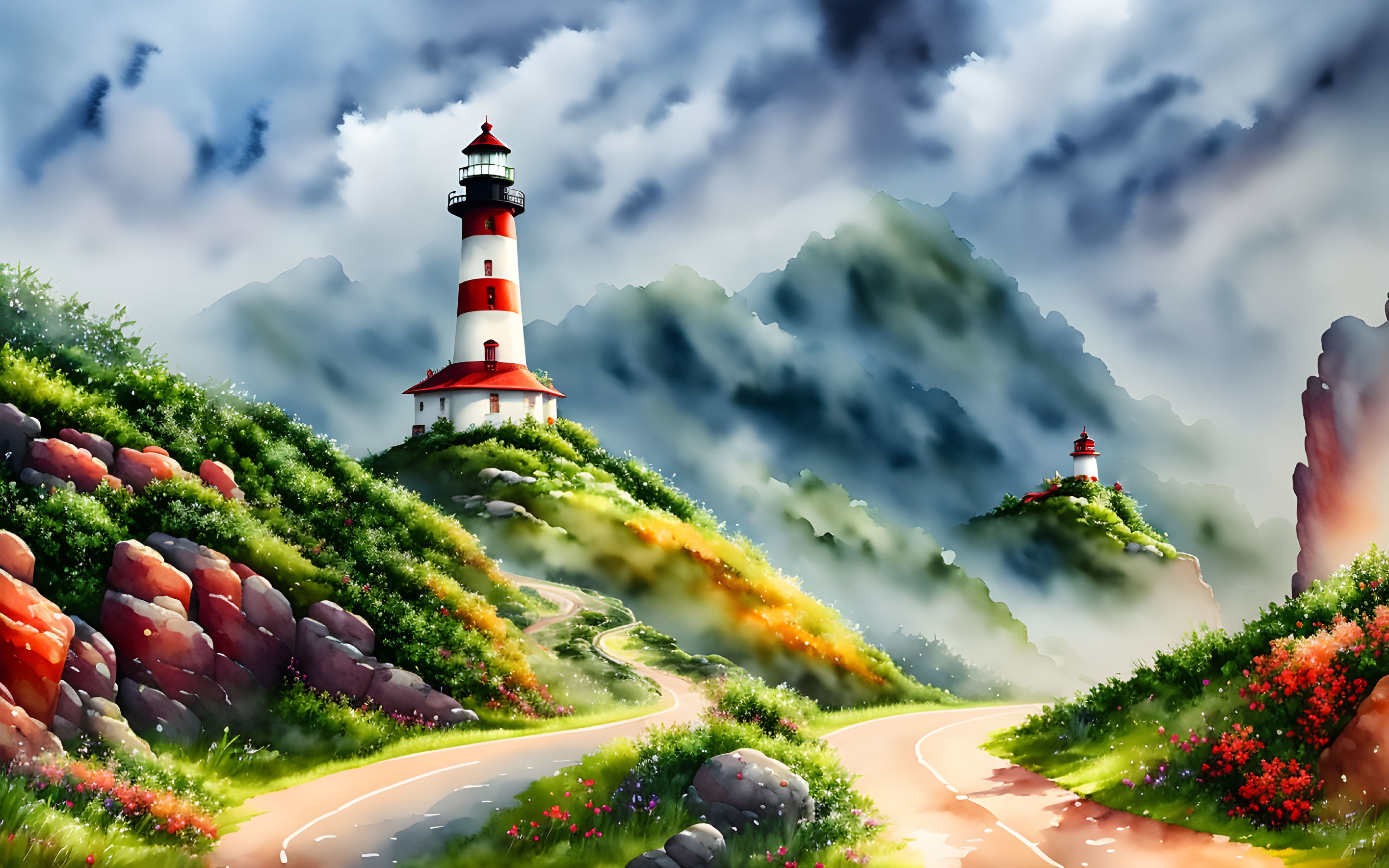 Vibrant lighthouse on floral hillside with winding road and mountain backdrop