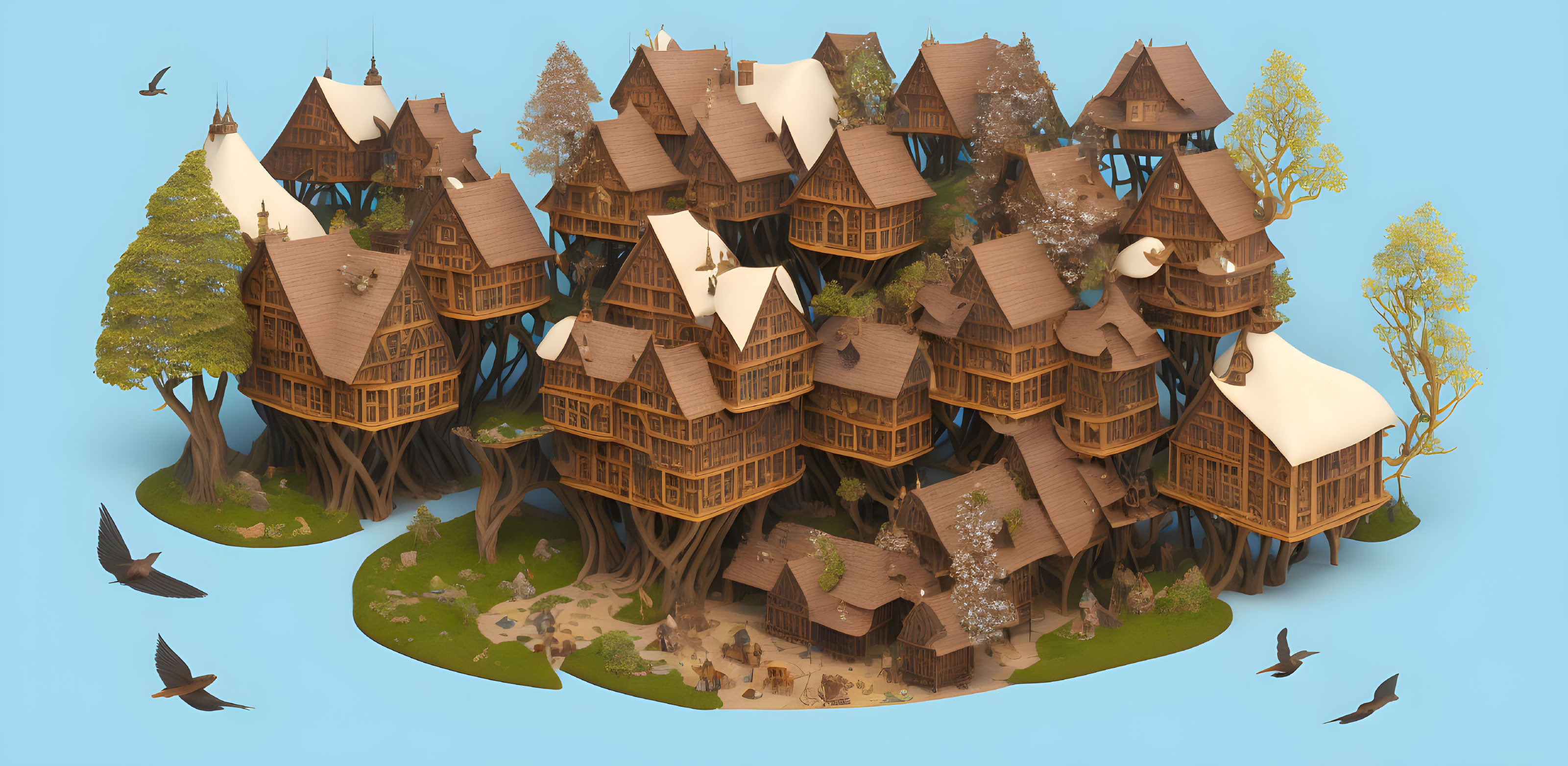 Whimsical treehouse village with wooden houses and birds in clear sky