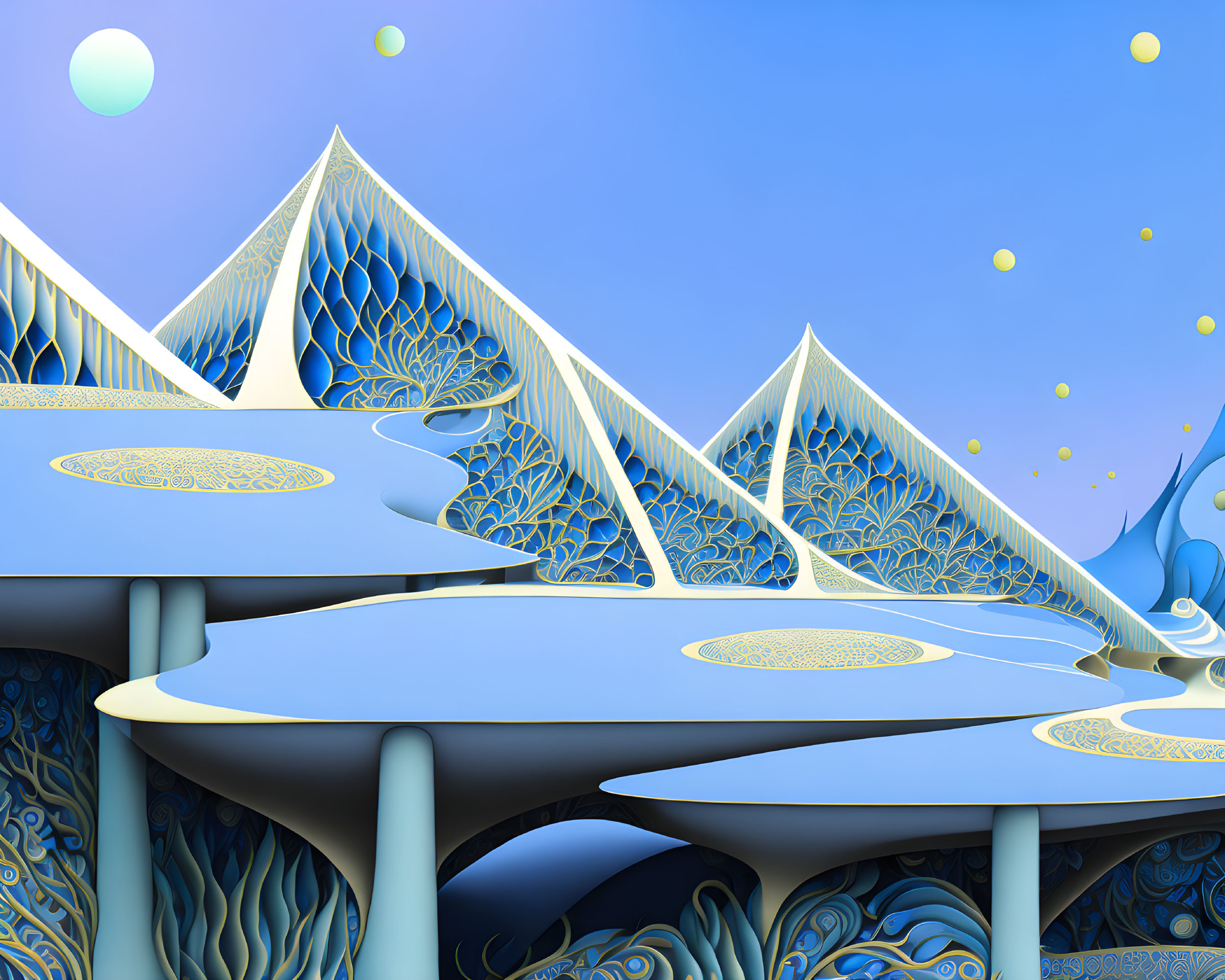 Surreal digital artwork: Vibrant blue mountains, flat bridges, floating spheres