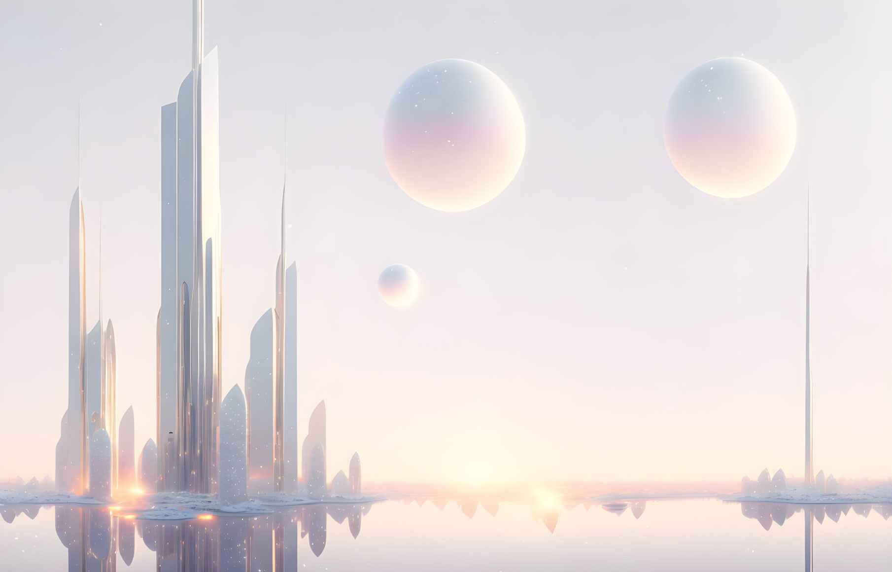 Futuristic cityscape with skyscrapers, pink sky, orbs, and water reflection