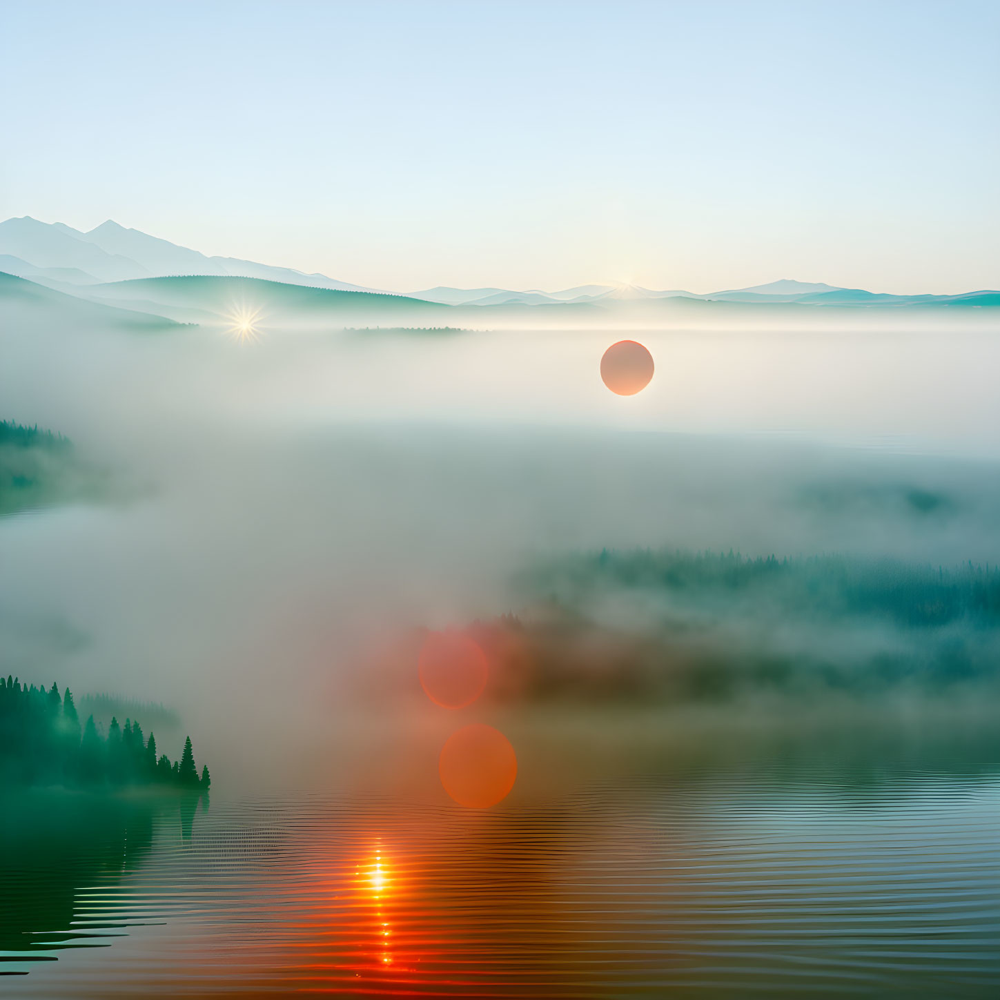 Sunrise over misty landscape with sunburst and calm lake reflection