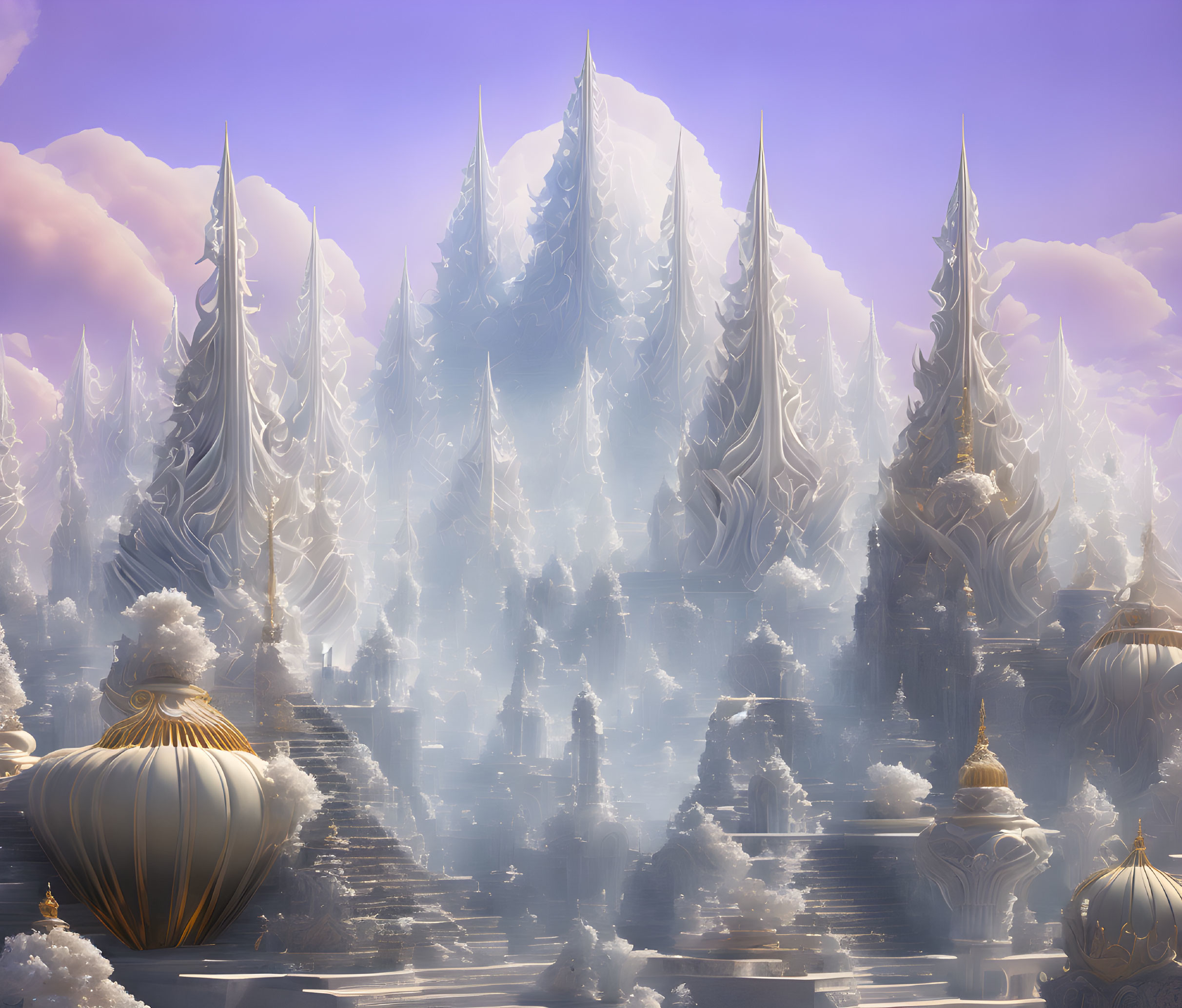 Fantastical crystal city with ornate spires in purple sky