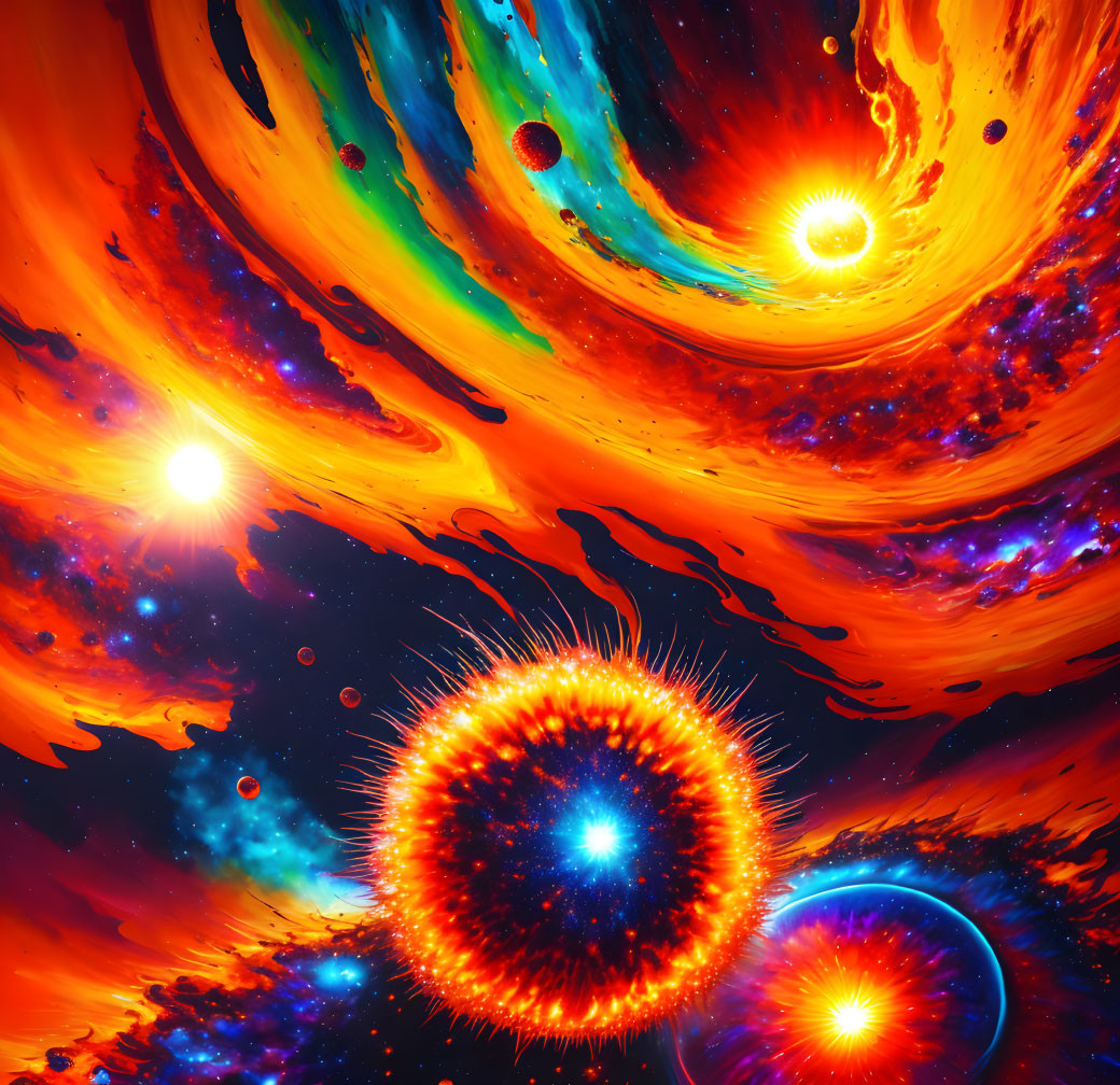 Colorful Abstract Cosmic Scene with Swirling Red, Orange, and Blue Patterns