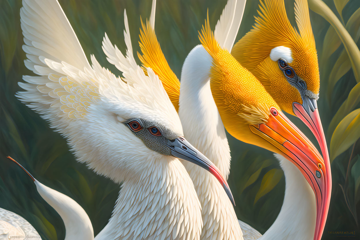 Graceful White Birds with Orange and Yellow Plumage Among Reeds