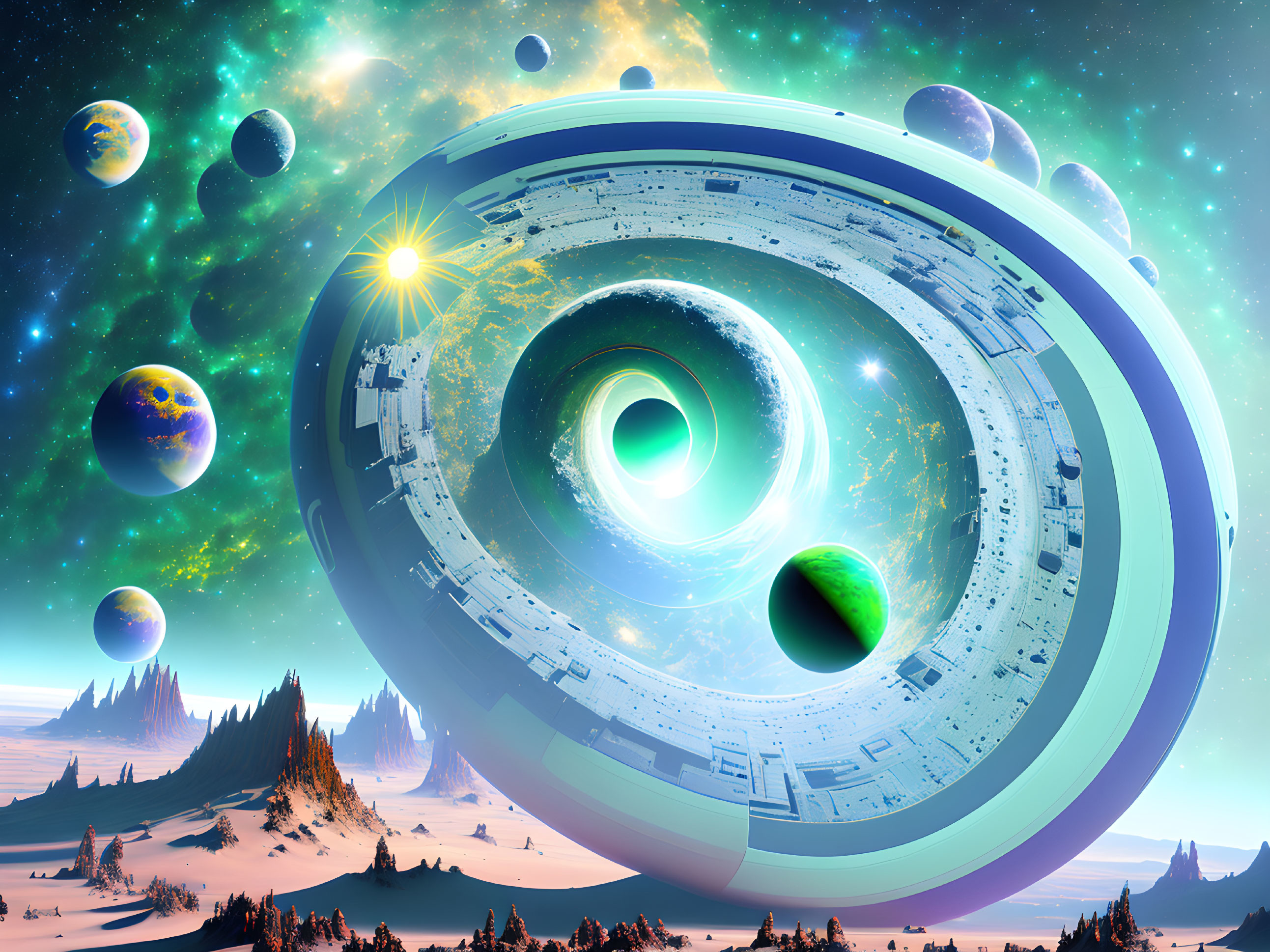 Space scene with ring structure, planets, sun, wormhole, and snowy landscape