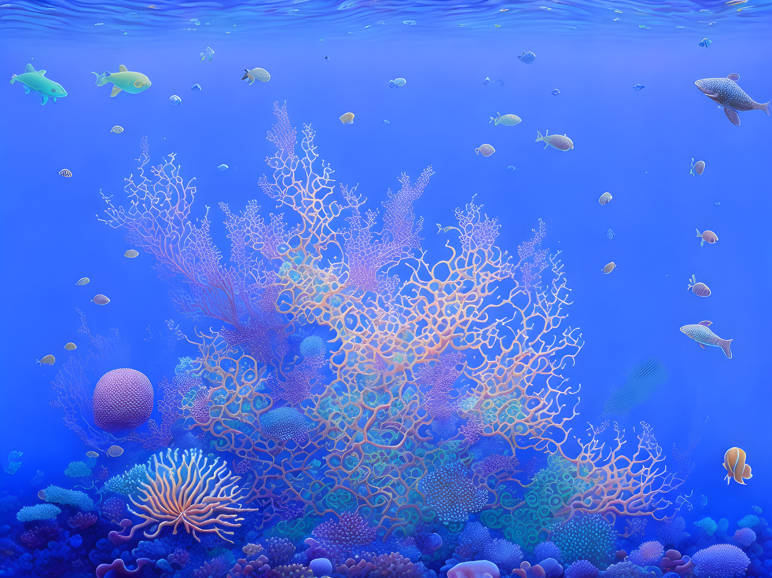 Colorful coral and fish in vibrant underwater scene