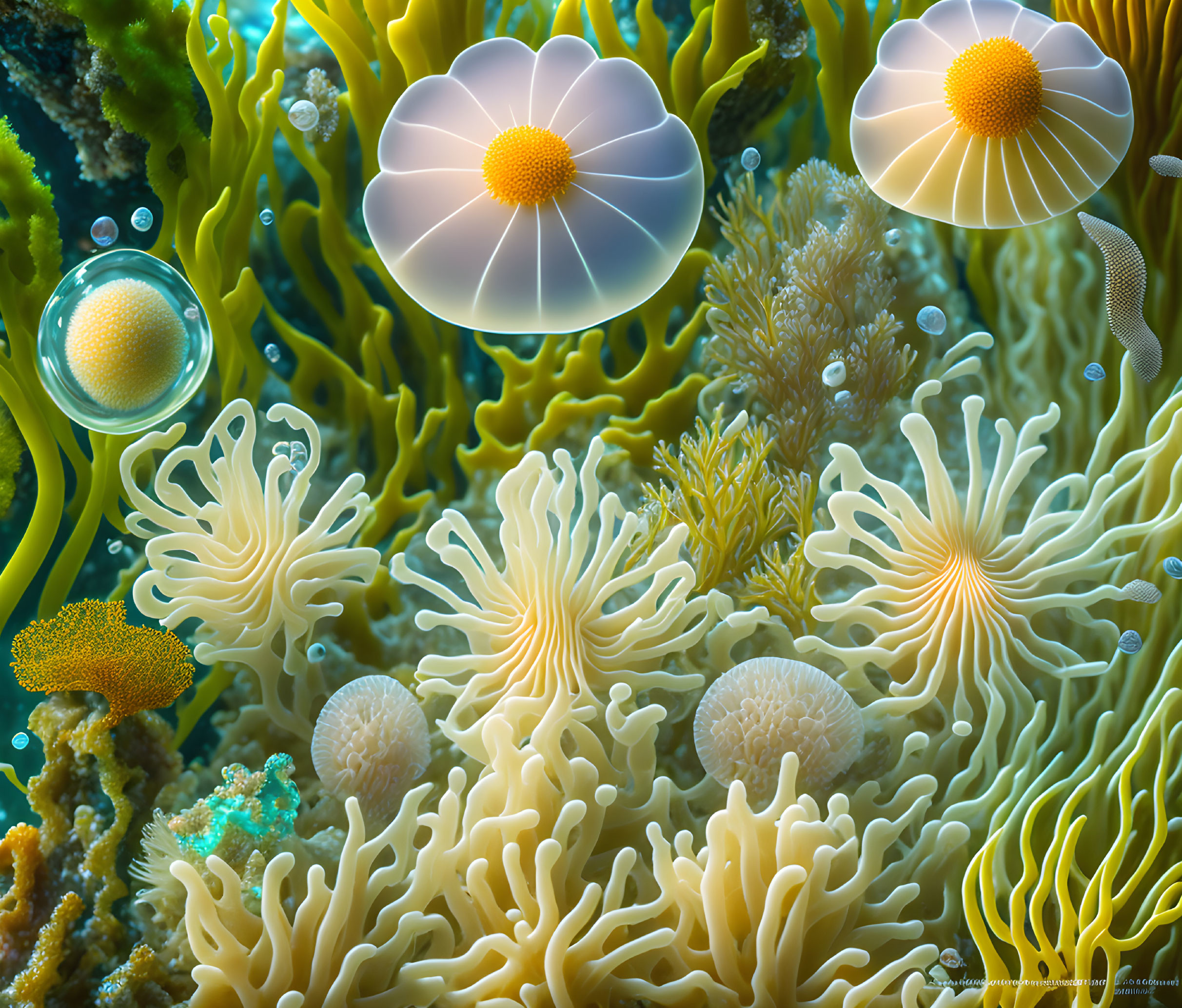 Detailed Underwater Scene with Anemones, Coral, Bubbles, and Jellyfish Creatures