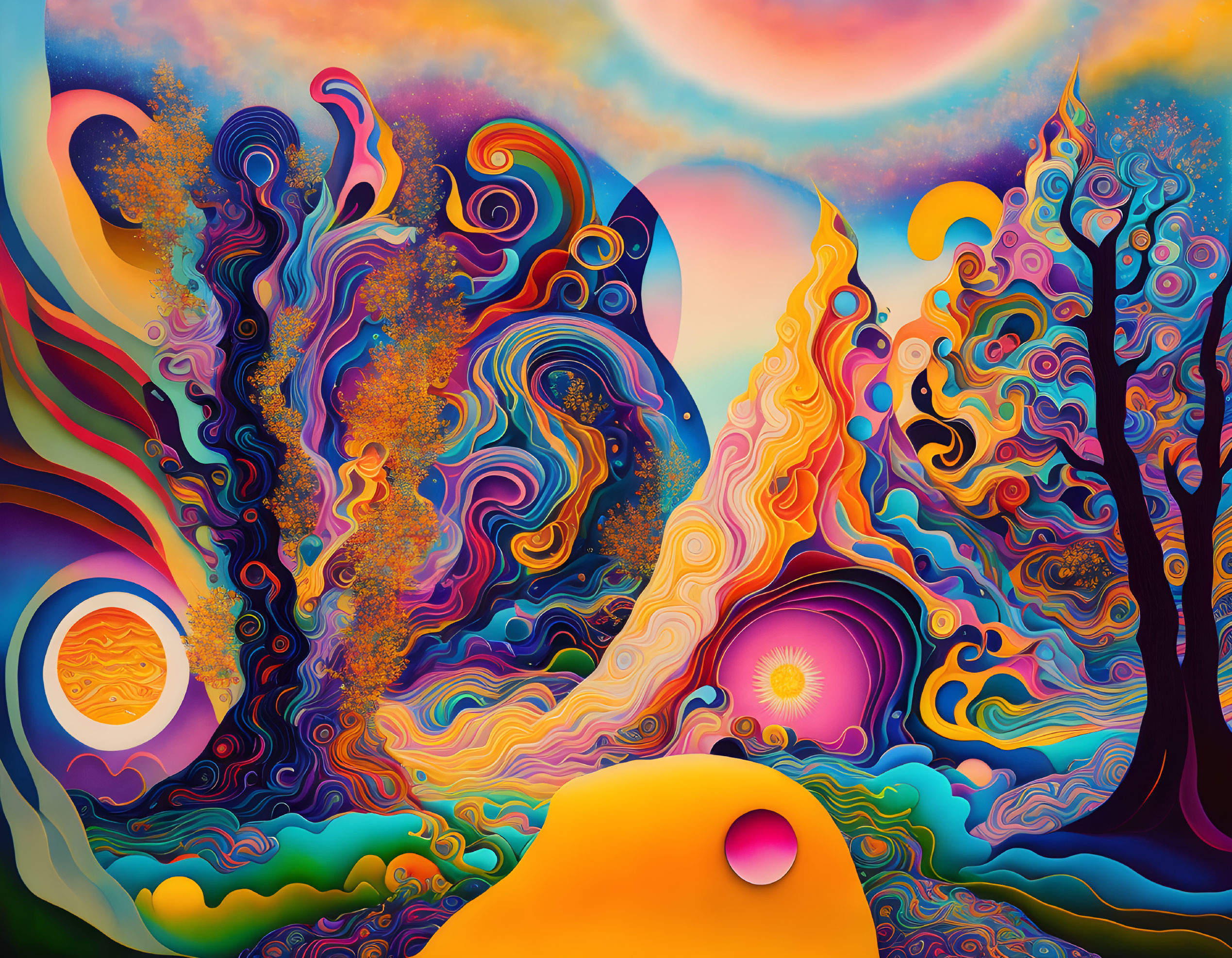 Colorful Psychedelic Landscape with Abstract Trees and Celestial Bodies