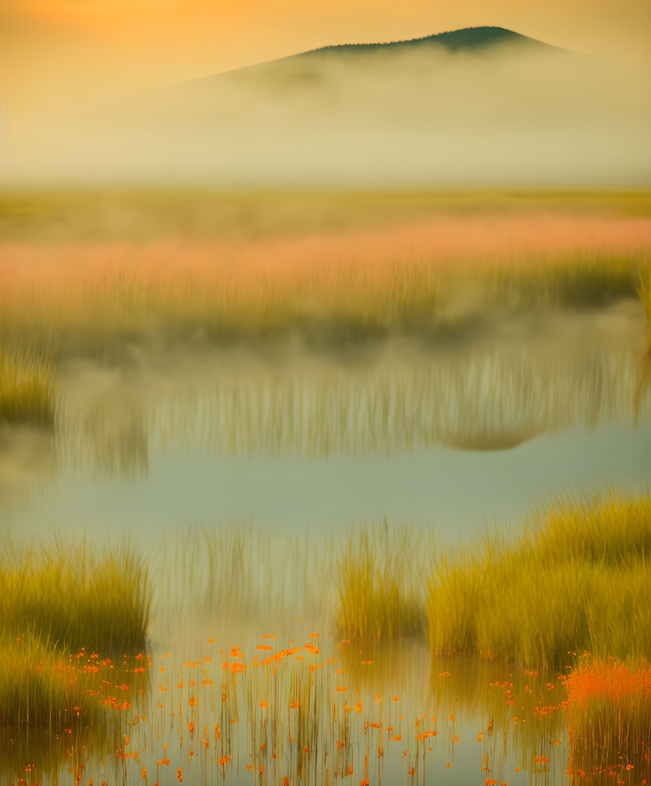 Blurred sunrise landscape with golden sky and hill silhouette