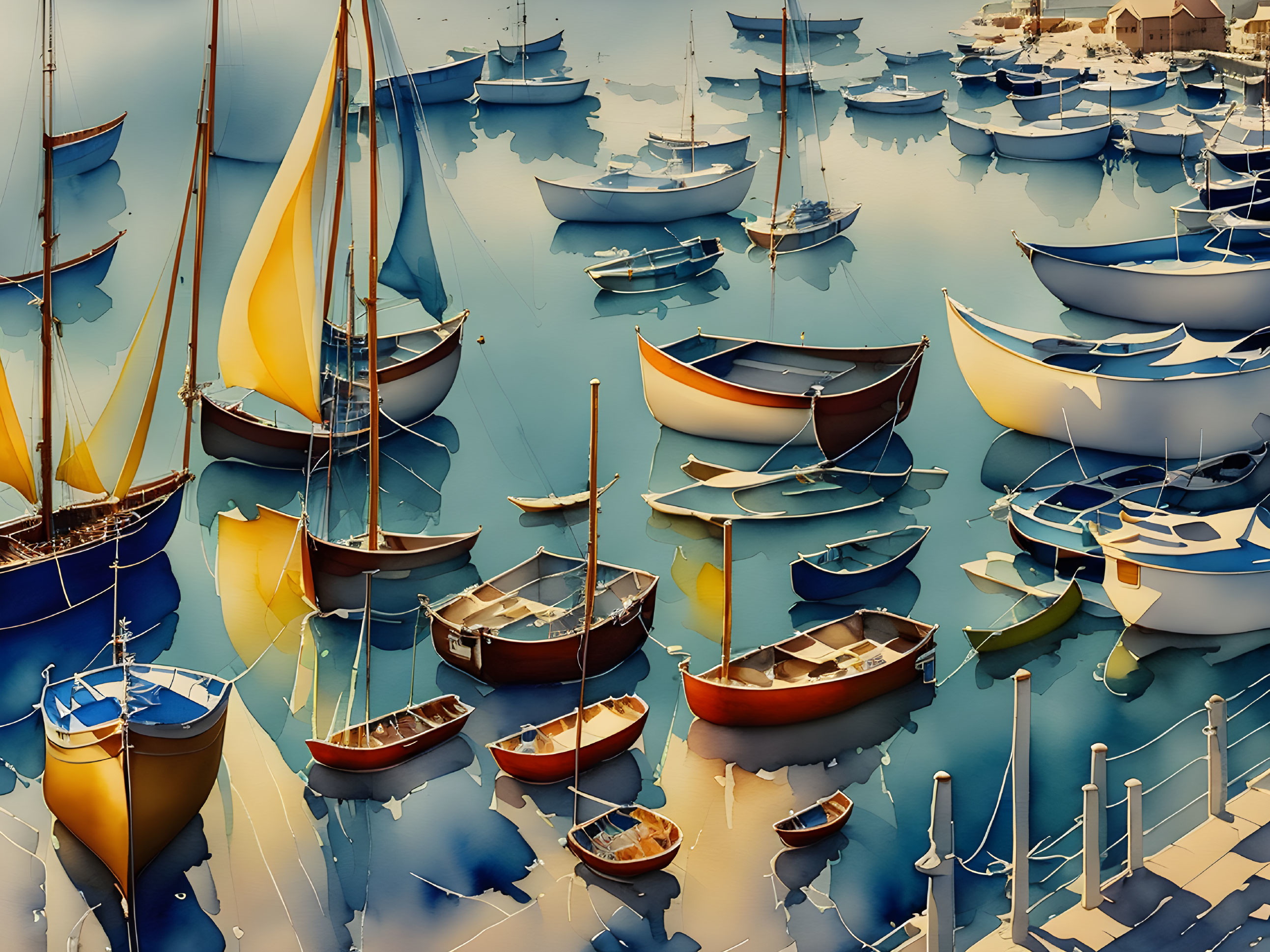 Tranquil Harbor with Colorful Sailboats peacefully floating on calm blue waters