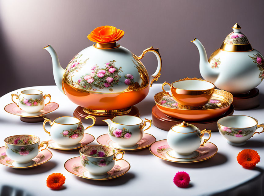 Porcelain Tea Set with Floral Design and Gold Trim on Table