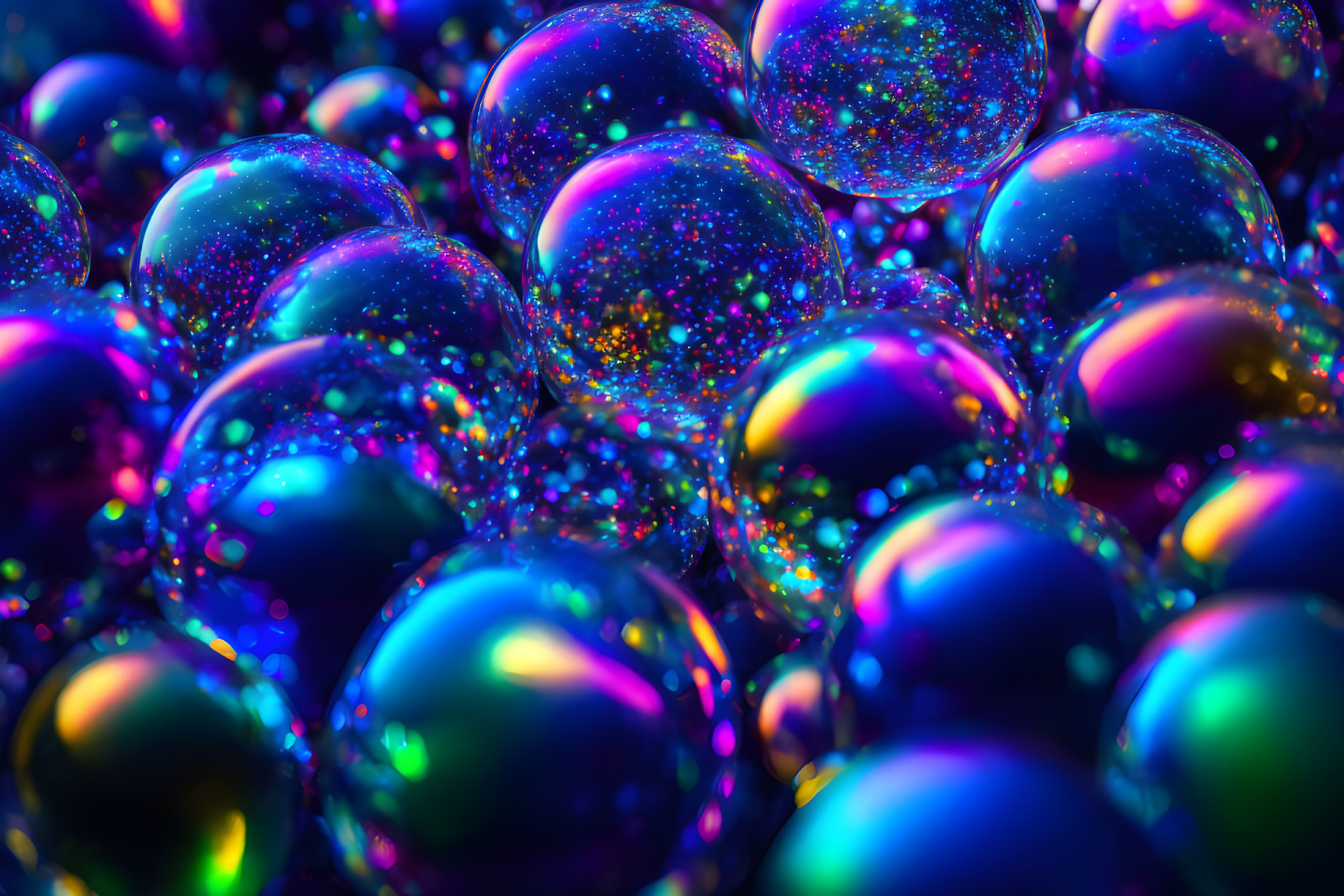 Multicolored iridescent bubbles in blues, purples, and pinks