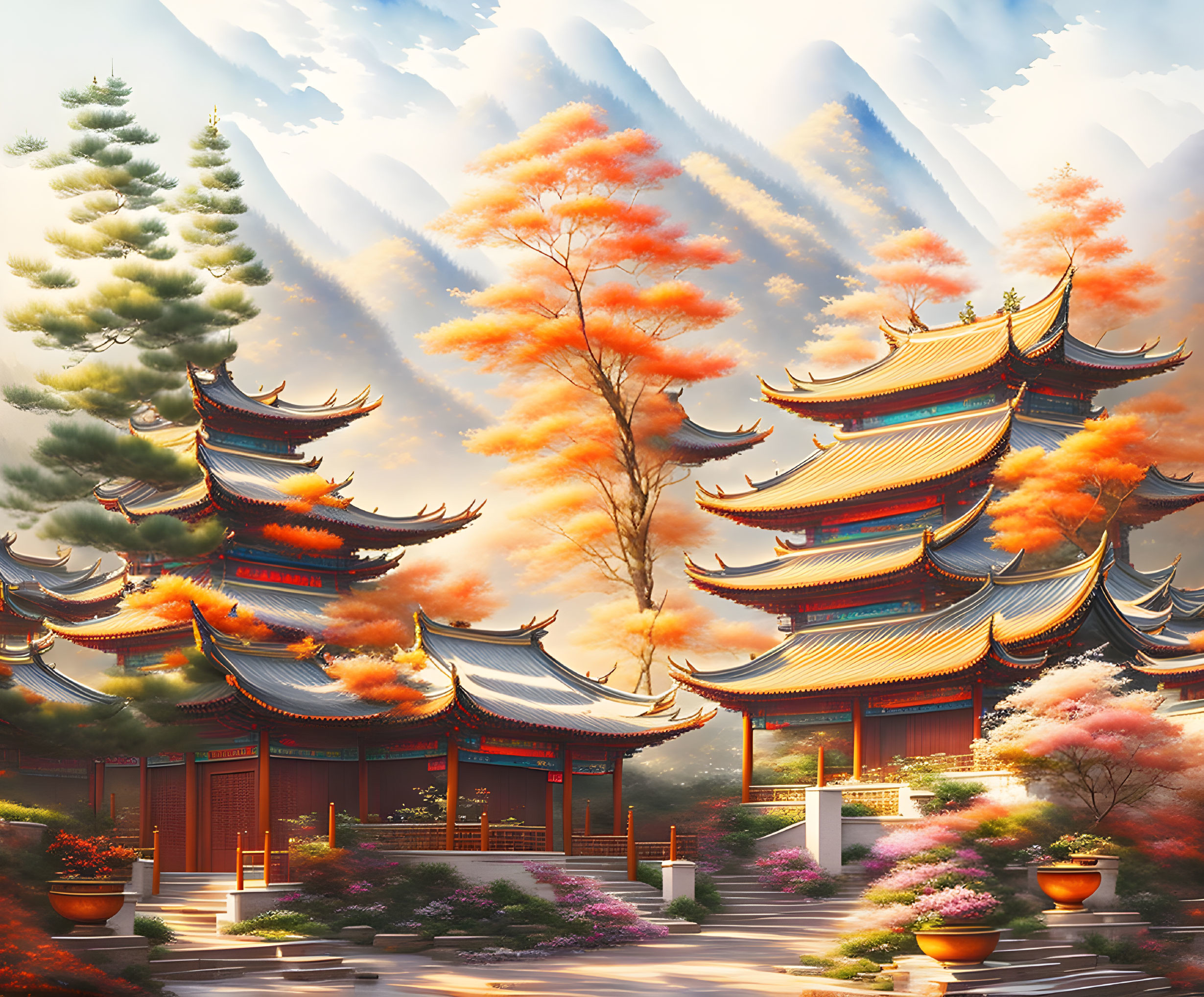 Autumn scene with Asian pagodas, colorful trees, and misty mountains