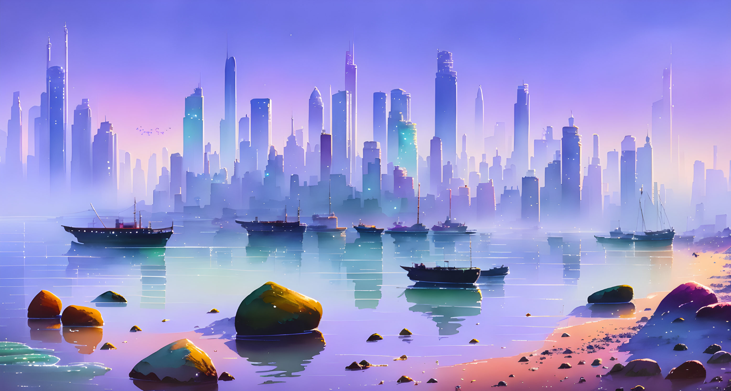 Futuristic city skyline with tall skyscrapers under purple haze reflected on calm water.