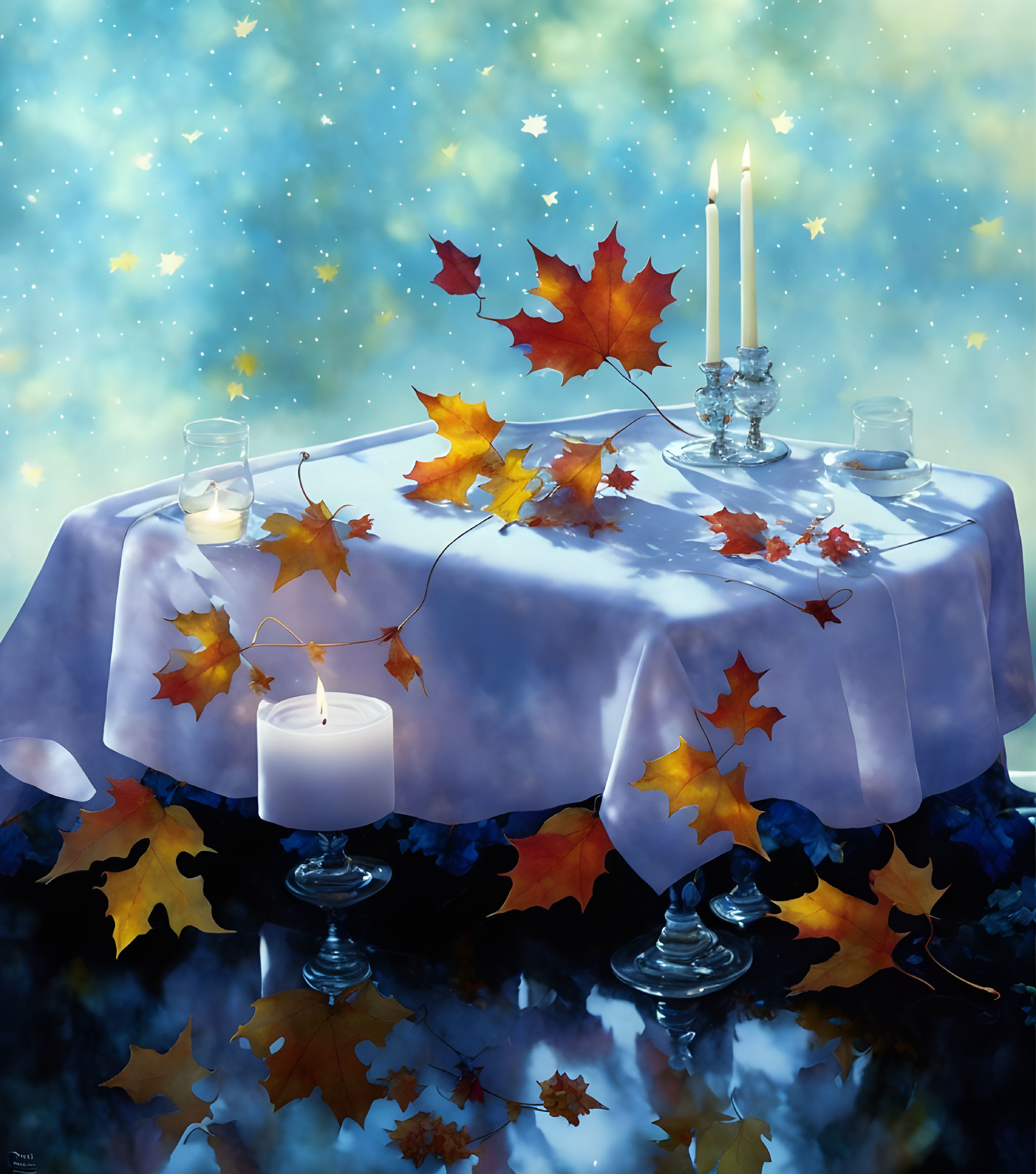 Table setting with candles, autumn leaves, starry twilight sky