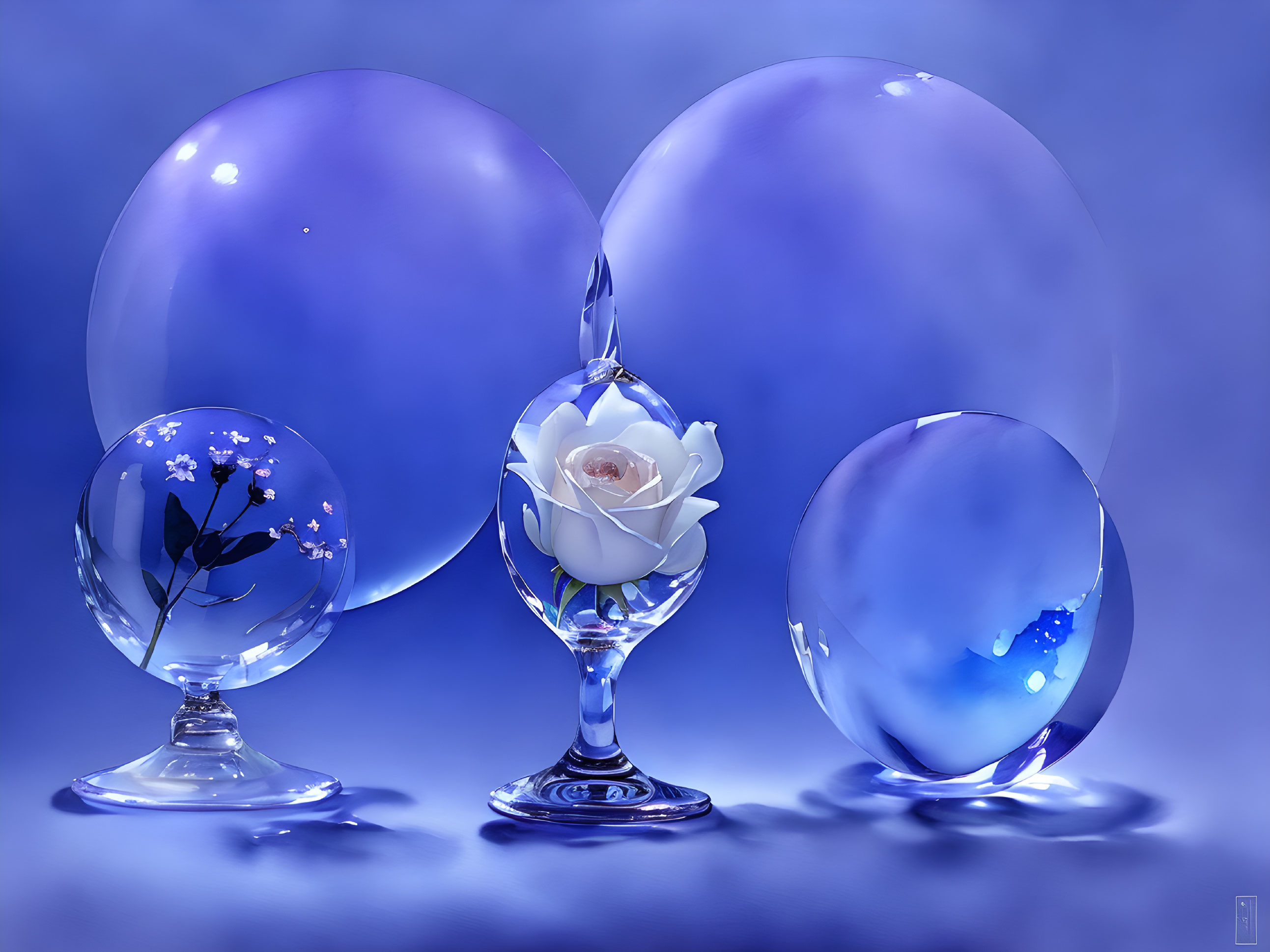 Transparent spheres with blue hues and floral/butterfly designs on blue background