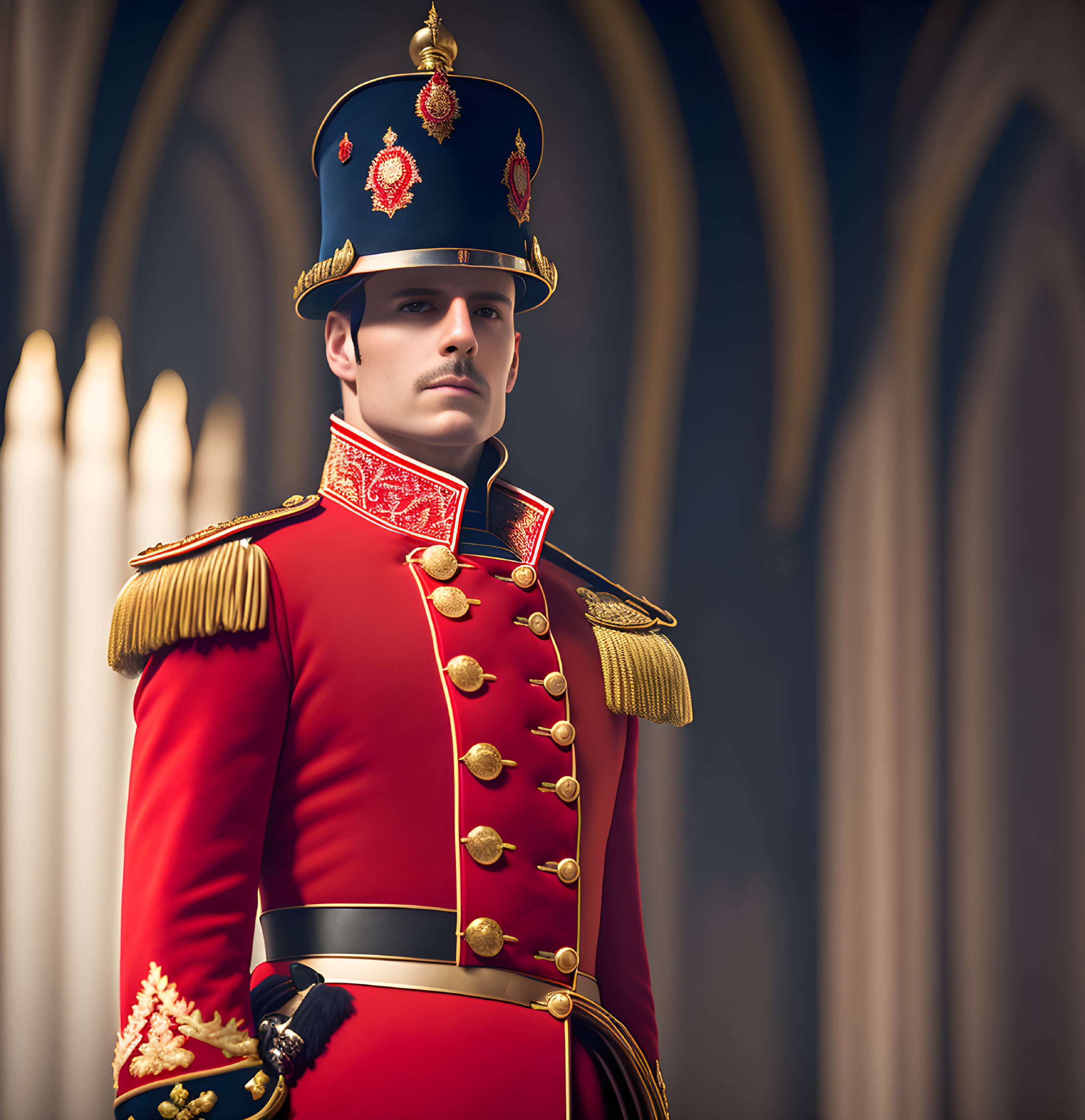 Ceremonial military man in red jacket with gold buttons and epaulettes