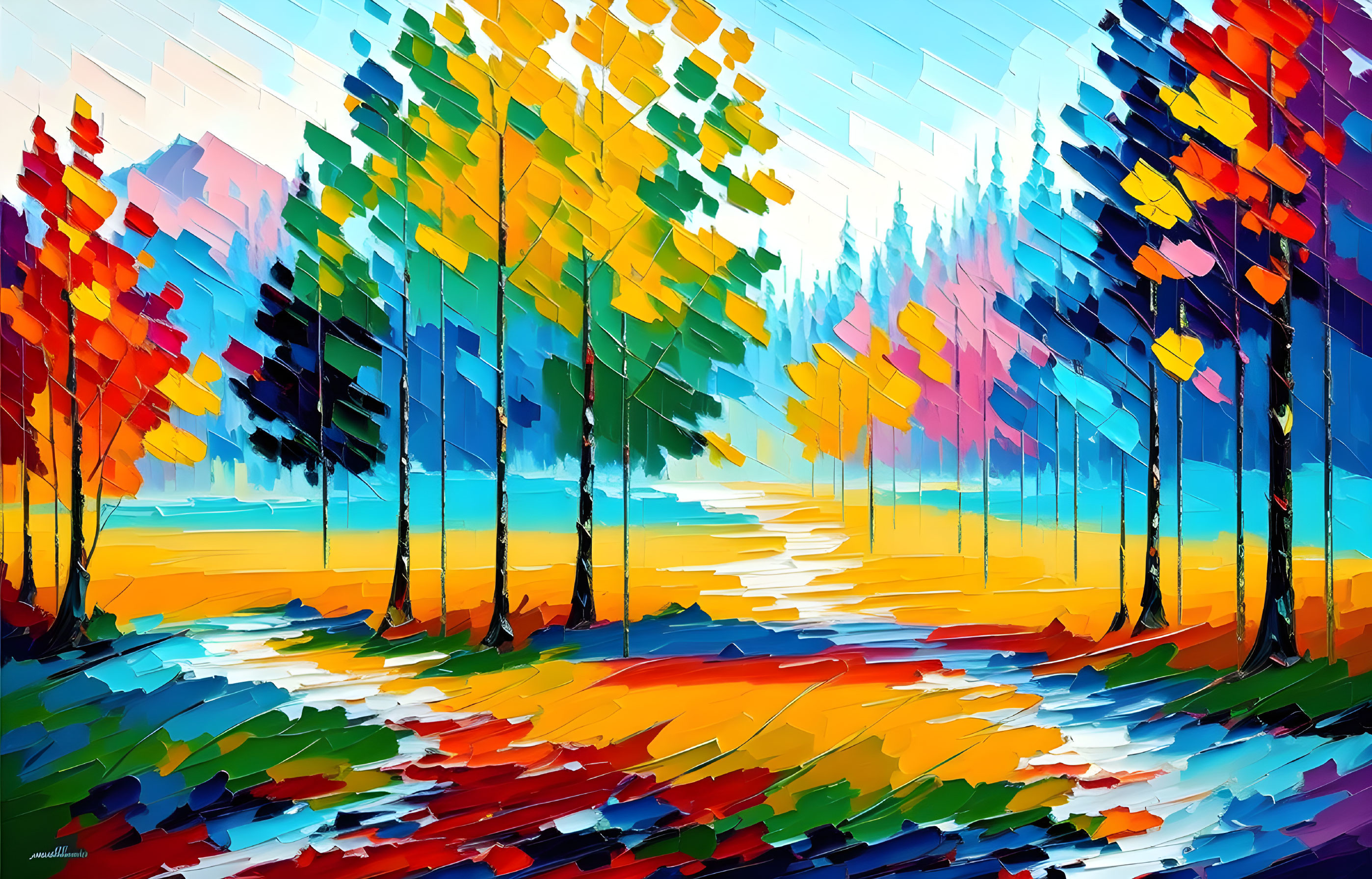 Vibrant abstract landscape painting of a colorful forest path