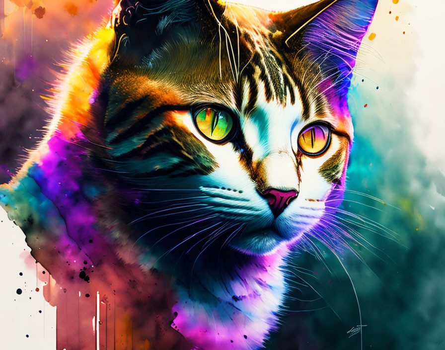 Colorful Digital Artwork: Cat with Green-Yellow Eyes & Vibrant Background