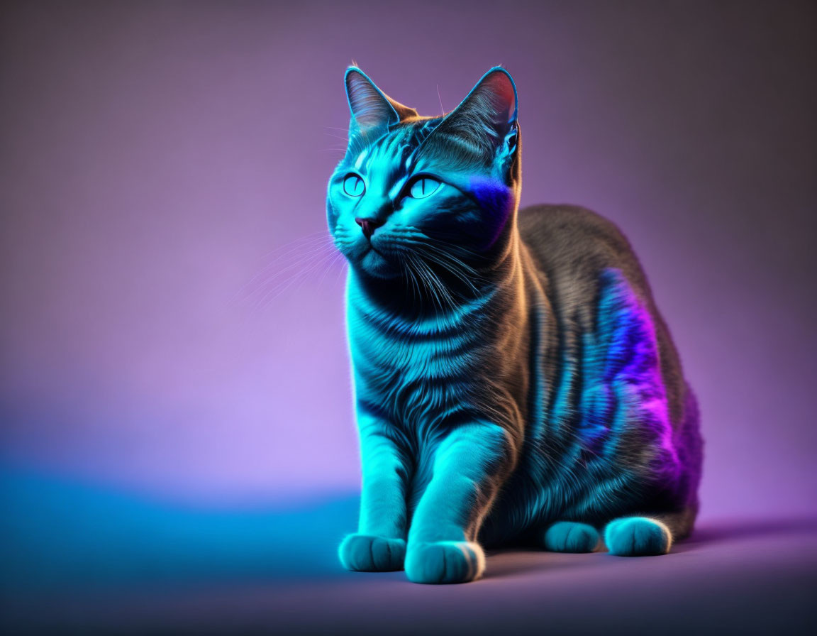 Striped cat under blue and purple lighting on gradient purple background