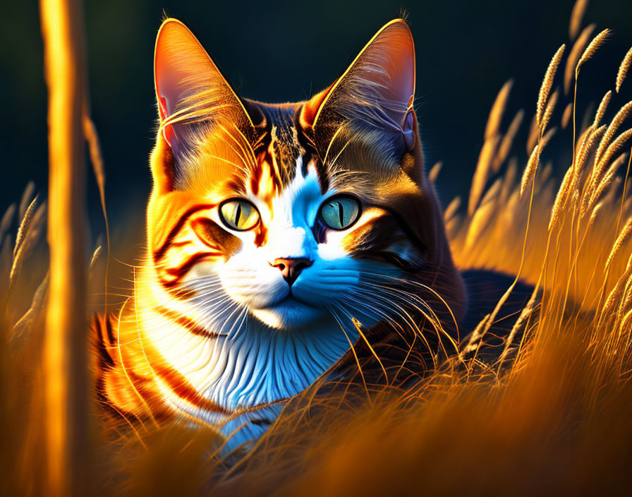 Orange Tabby Cat with Blue Eyes Resting in Sunlit Grass