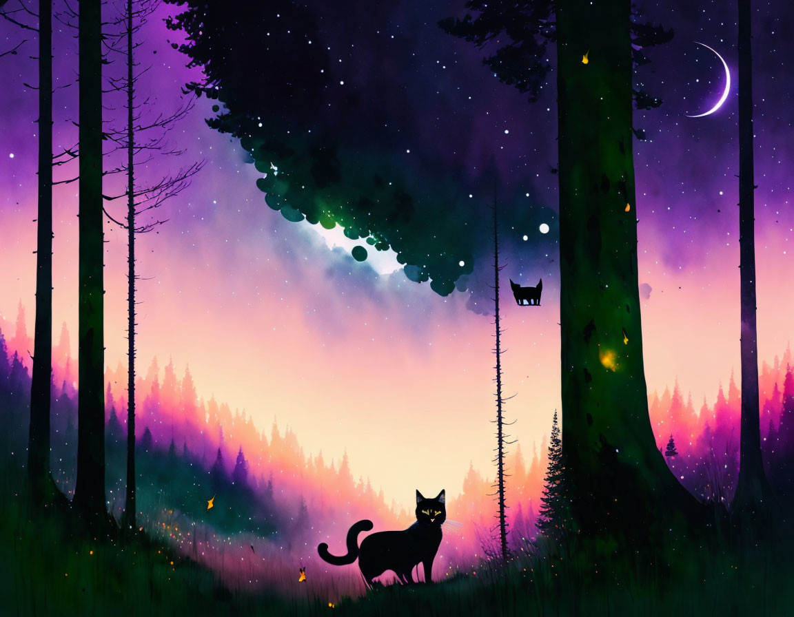 Whimsical black cat illustration in vibrant forest with crescent moon