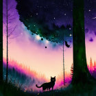 Whimsical black cat illustration in vibrant forest with crescent moon