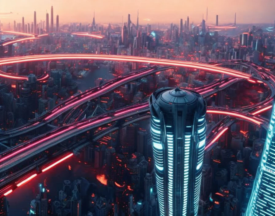 Futuristic cityscape at dusk with neon traffic streams and high-rise buildings