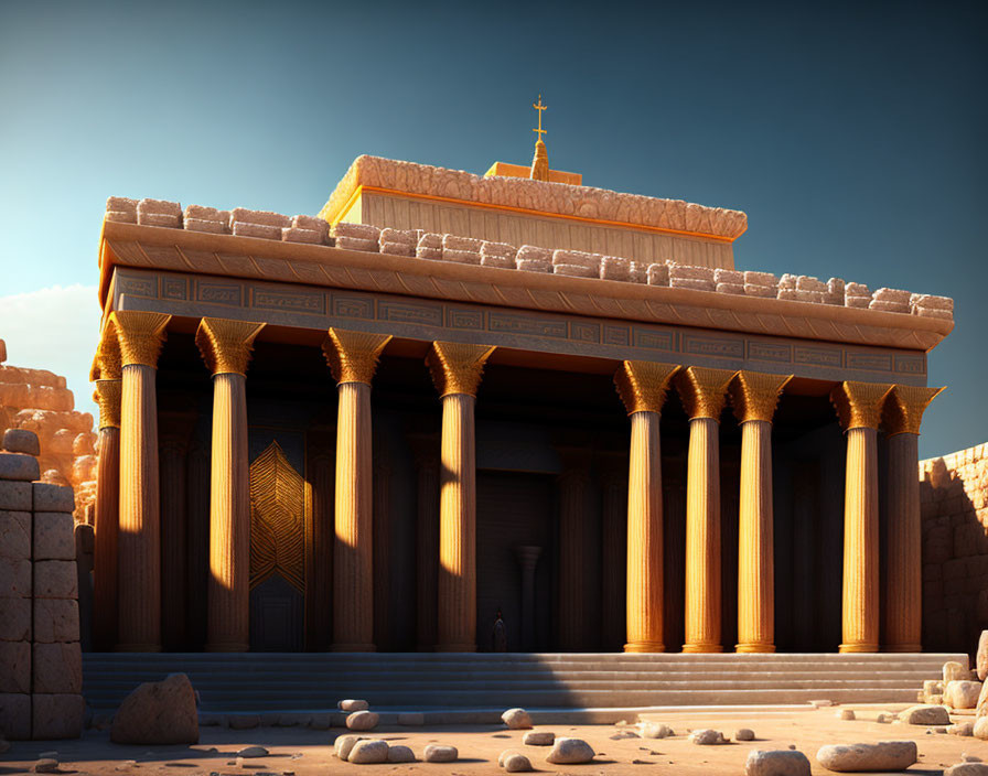 Ancient Egyptian temple with towering columns and intricate carvings