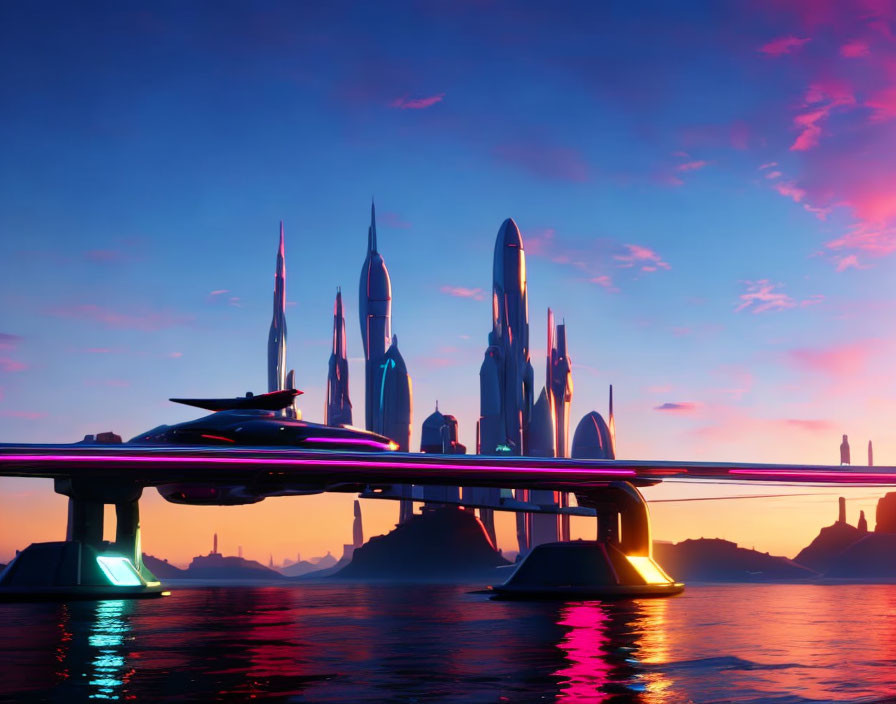 Futuristic cityscape with sleek skyscrapers and hovering vehicle at sunset