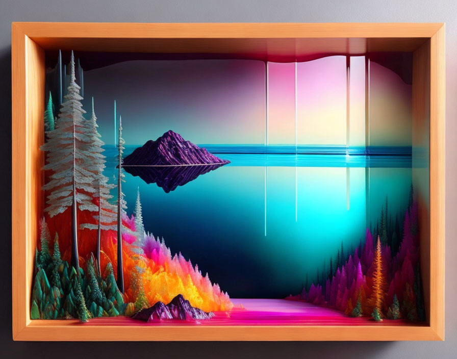 Colorful 3D artwork of surreal landscape with purple crystal, trees, water, in wooden box