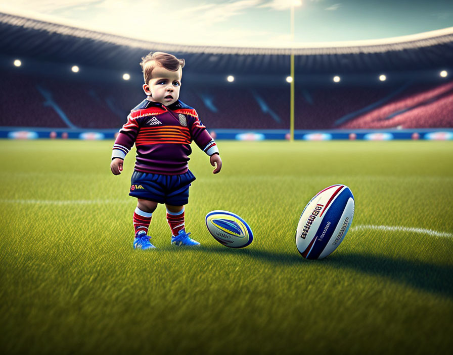 Colorful Toddler in Rugby Uniform on Grassy Field
