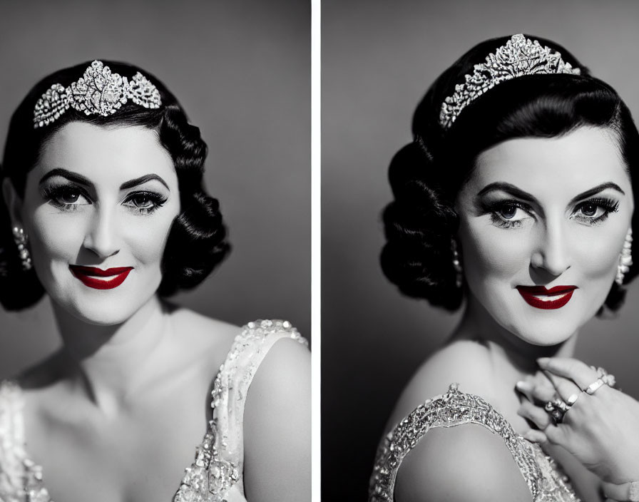 Monochrome diptych portrait of woman with vintage Hollywood glamour