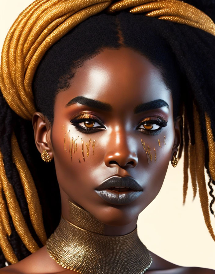 Portrait of Woman with Braided Hair and Gold Makeup Accents