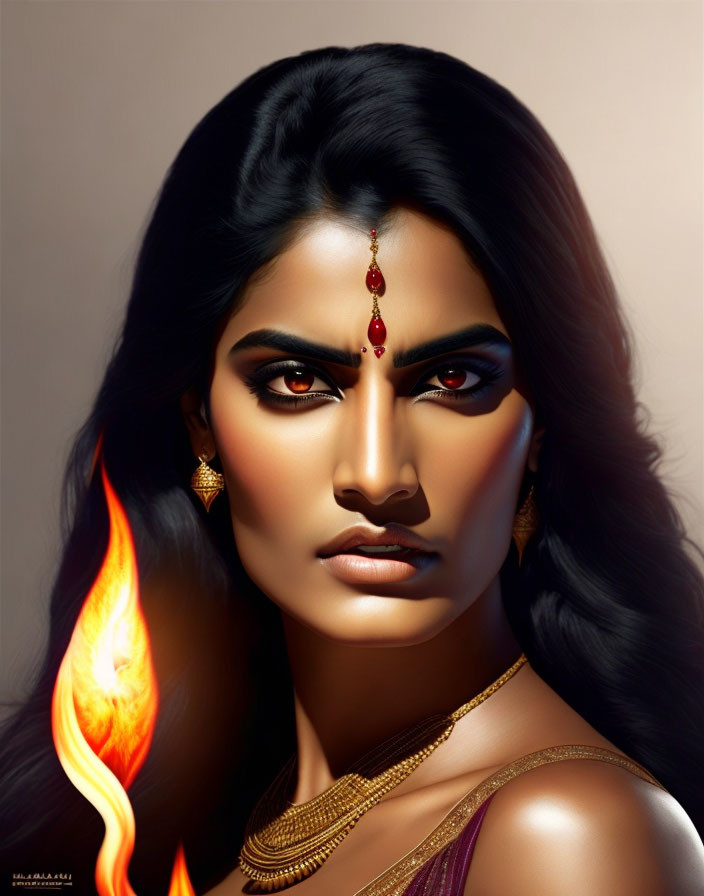 Portrait of woman with dark hair and intense gaze wearing traditional Indian jewelry and fiery motif.